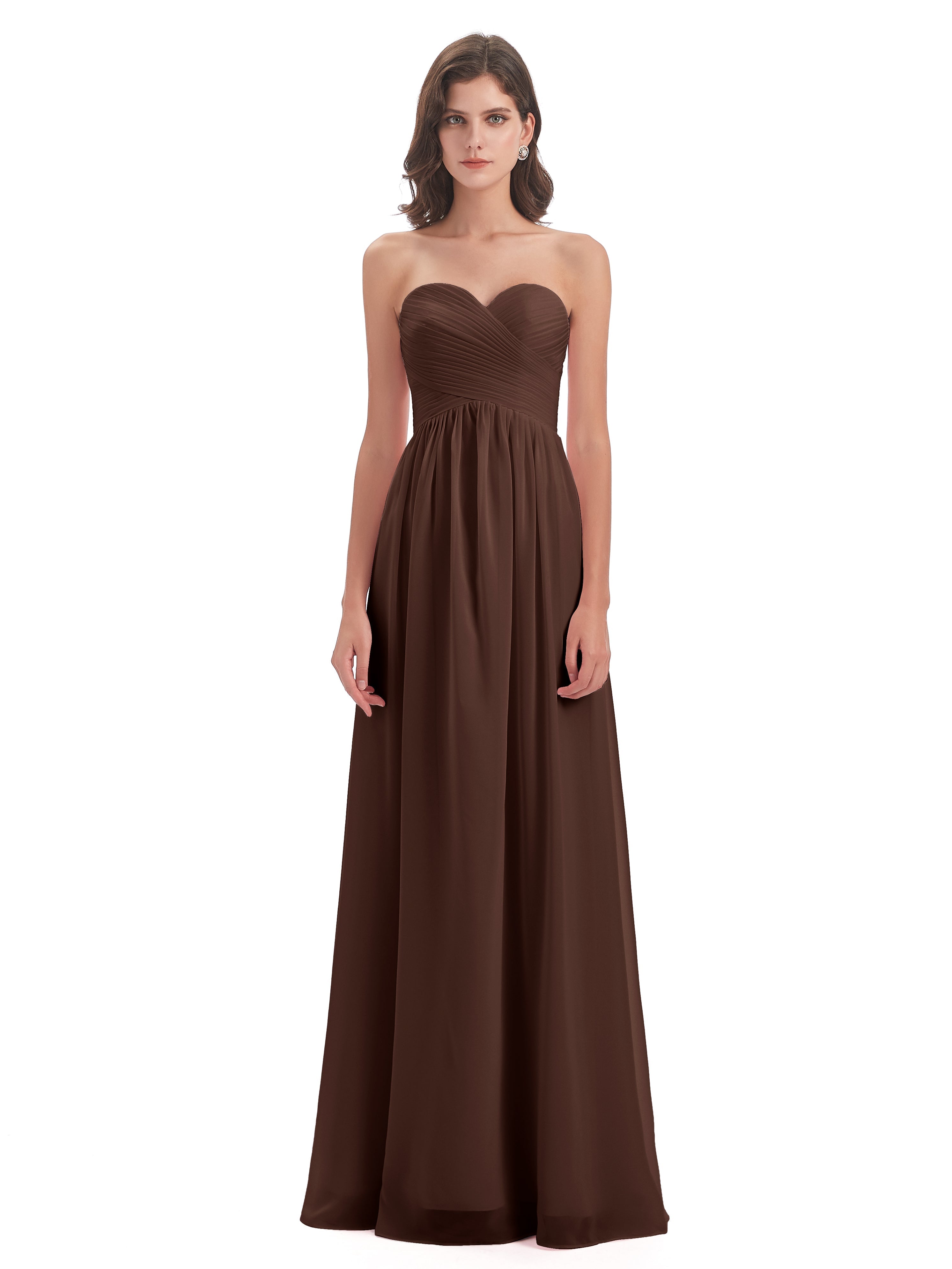 Robe Marron Chocolat Demoiselle D Honneur Col Coeur Sans Manche Mousseline Robes Demoiselle D'Honneur