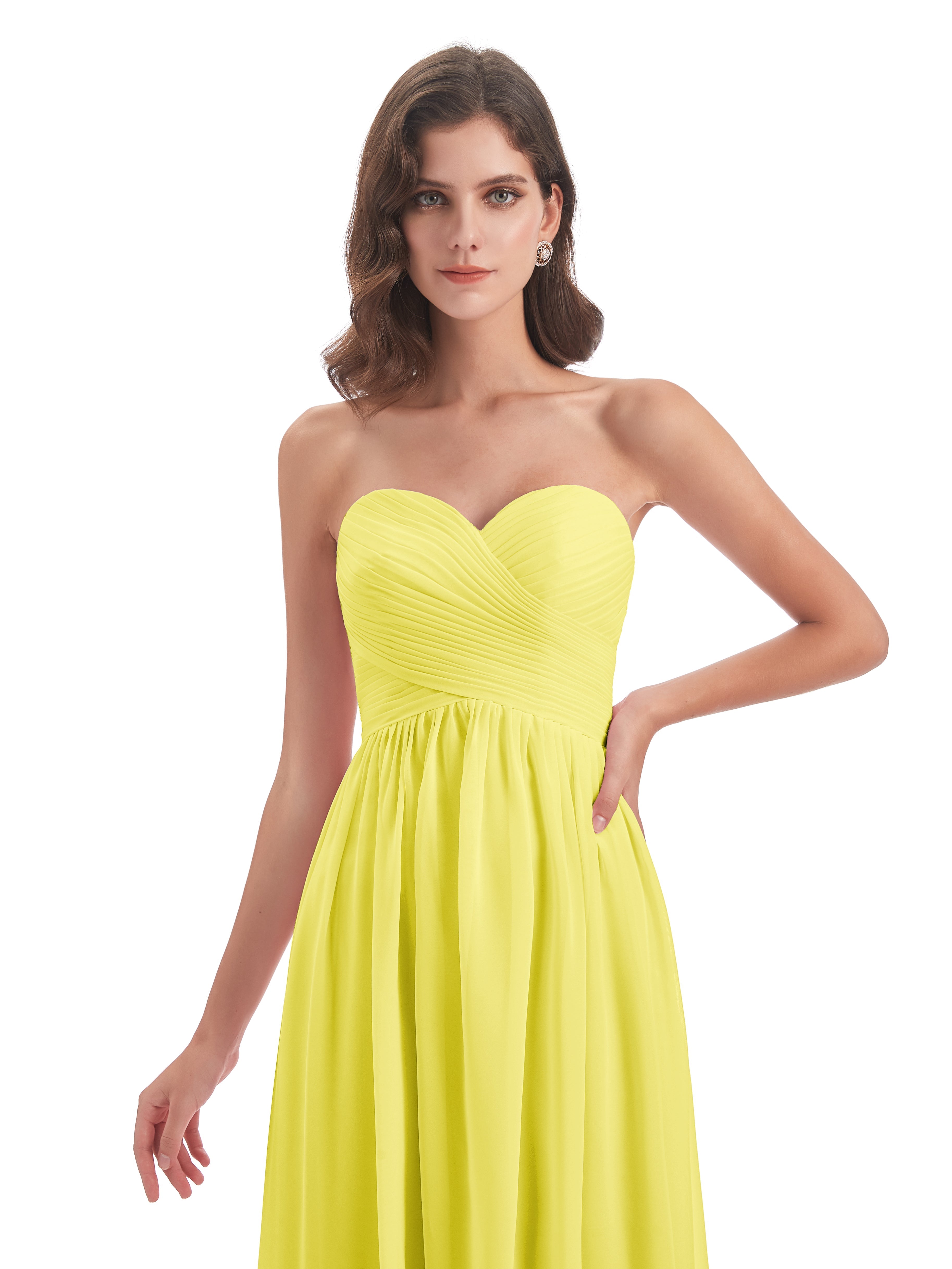 Robes De Demoiselle D'Honneur Citron Col Coeur Sans Manche Mousseline Robes Demoiselle D'Honneur