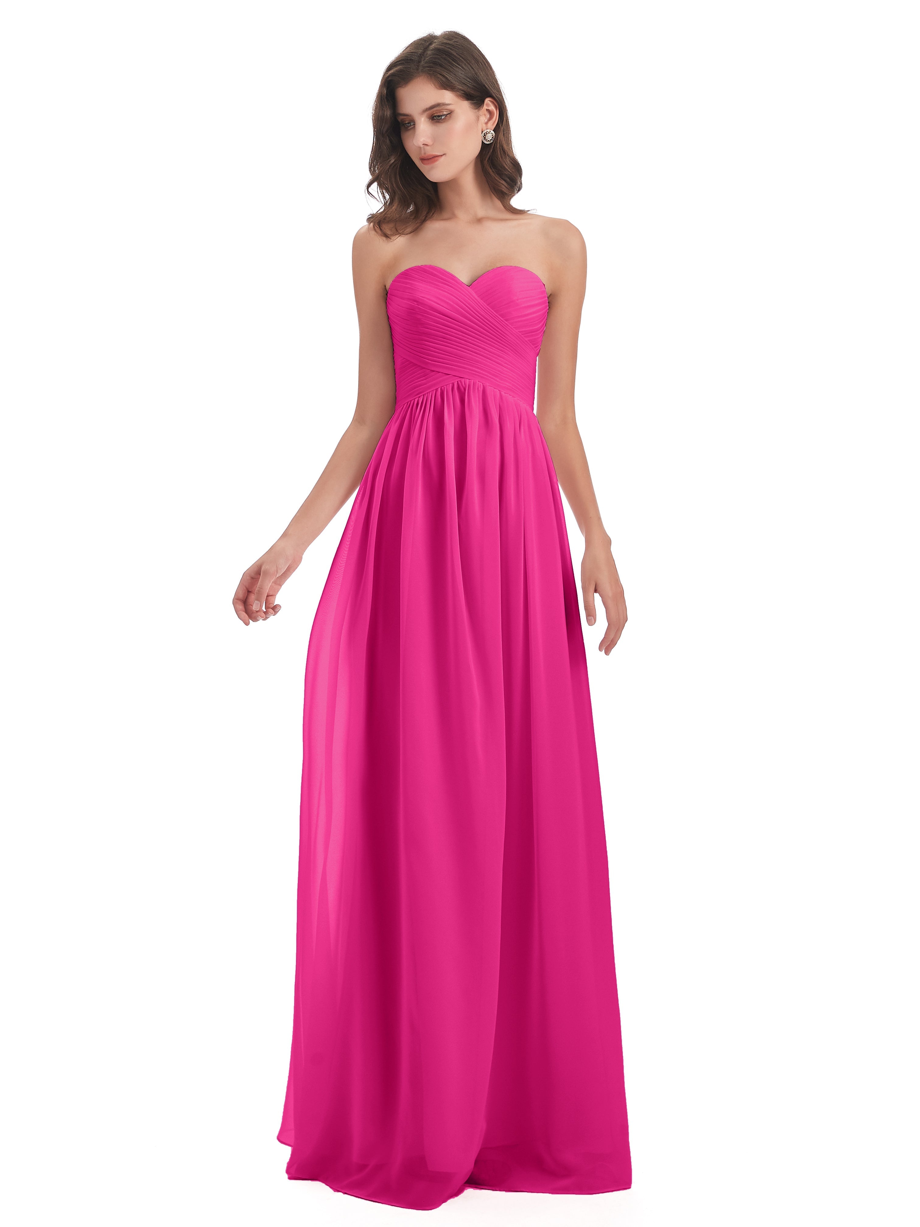 Robe Rose Fuchsia Demoiselle D Honneur Col Coeur Sans Manche Mousseline Robes Demoiselle D'Honneur