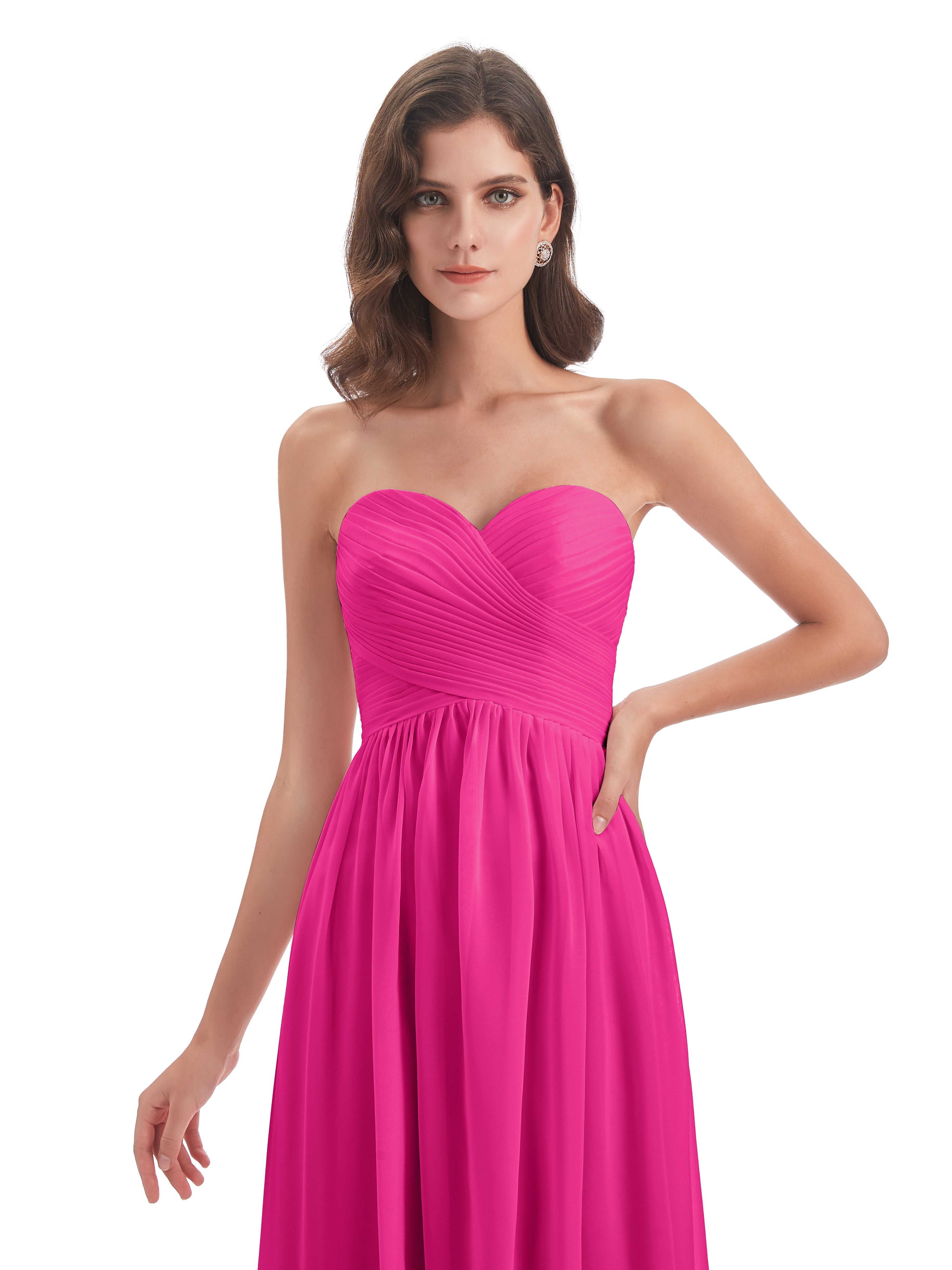 Robe Rose Fuchsia Demoiselle D Honneur Col Coeur Sans Manche Mousseline Robes Demoiselle D'Honneur