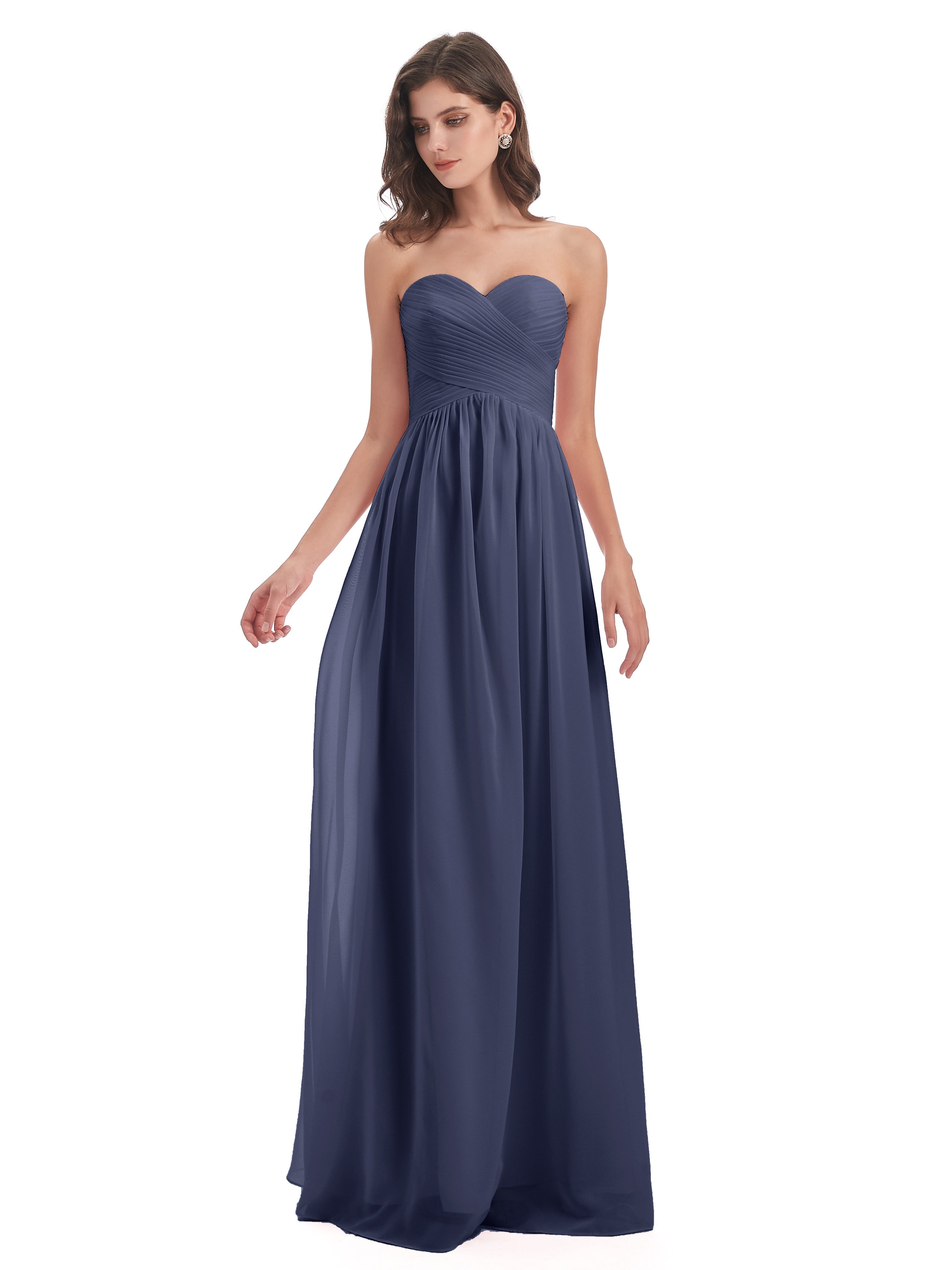 Robes De Demoiselle D'Honneur Bleu Orageux Col Coeur Sans Manche Mousseline Robes Demoiselle D'Honneur