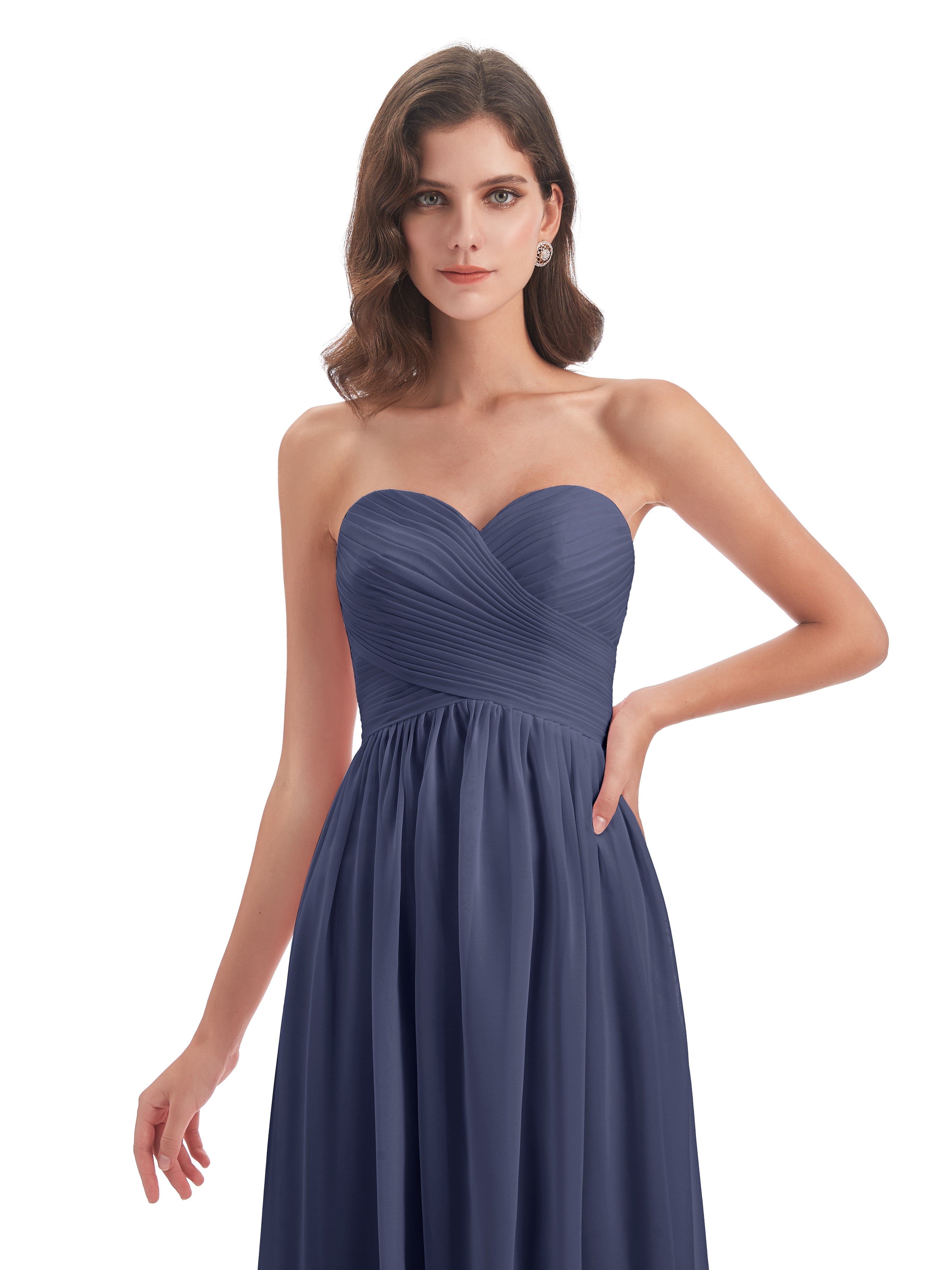 Robes De Demoiselle D'Honneur Bleu Orageux Col Coeur Sans Manche Mousseline Robes Demoiselle D'Honneur