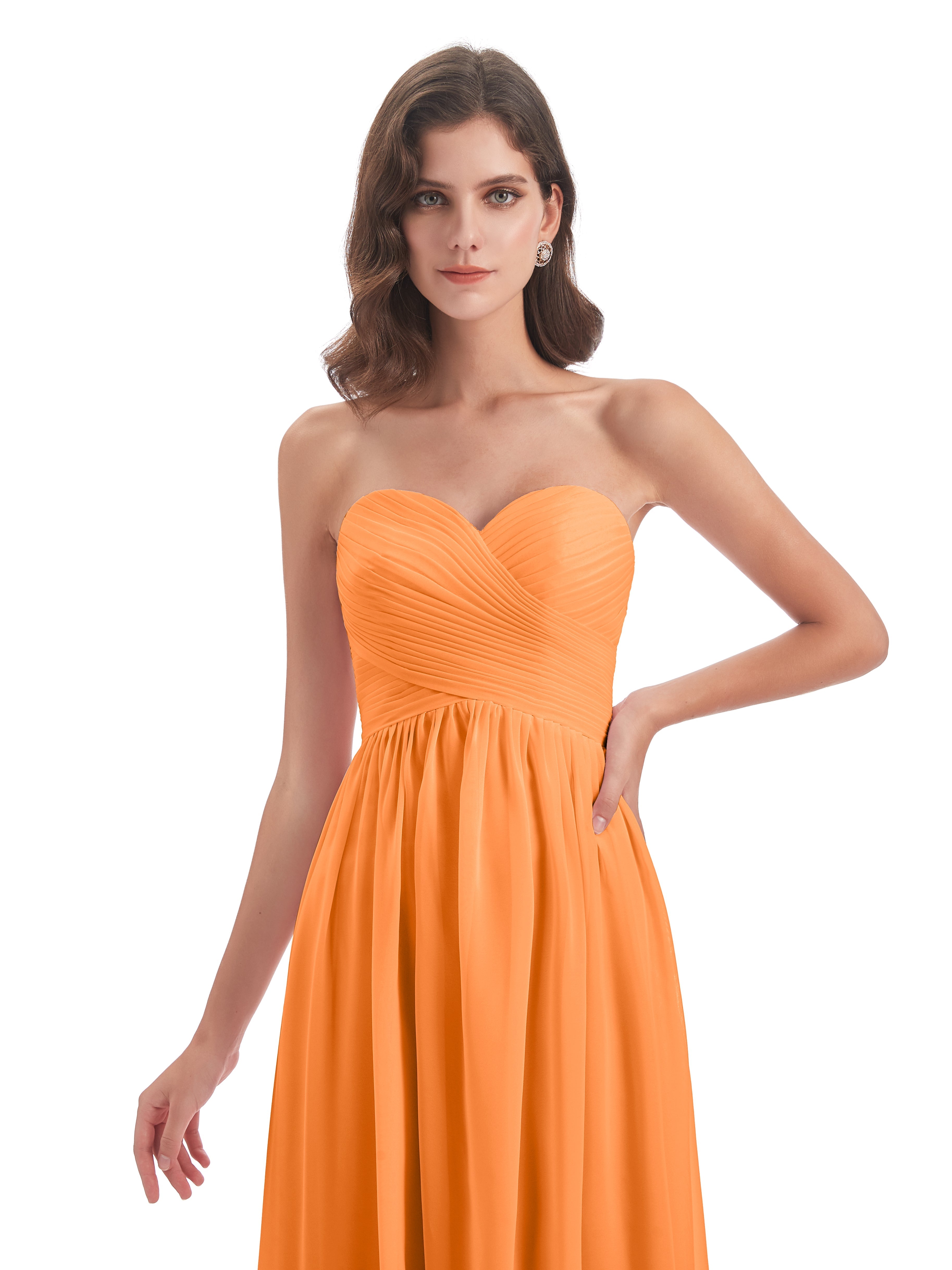 Robe Mousseline Orange Col Coeur Sans Manche Mousseline Robes Demoiselle D'Honneur
