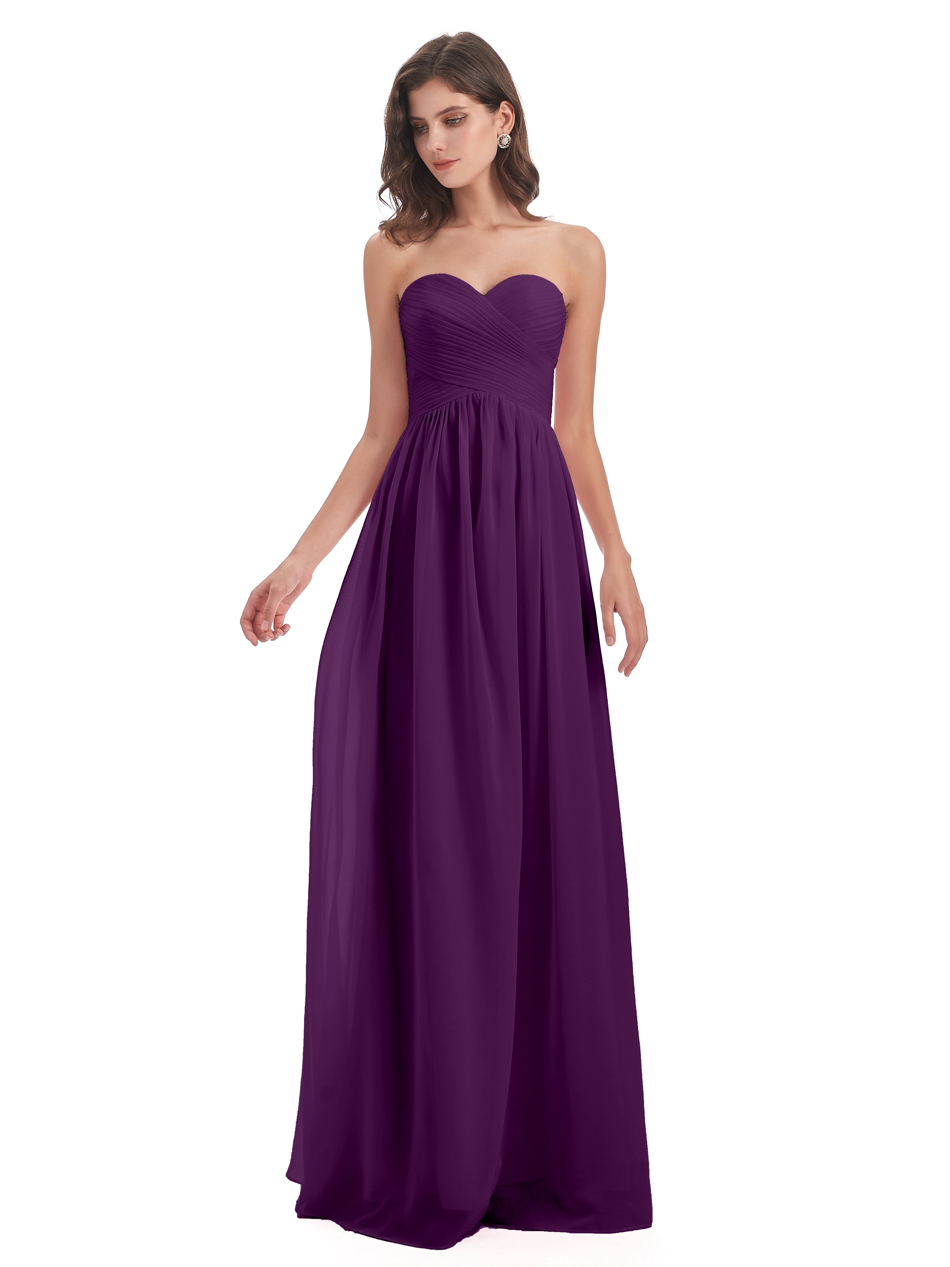 Robes De Demoiselle D'Honneur En Raisin Col Coeur Sans Manche Mousseline Robes Demoiselle D'Honneur