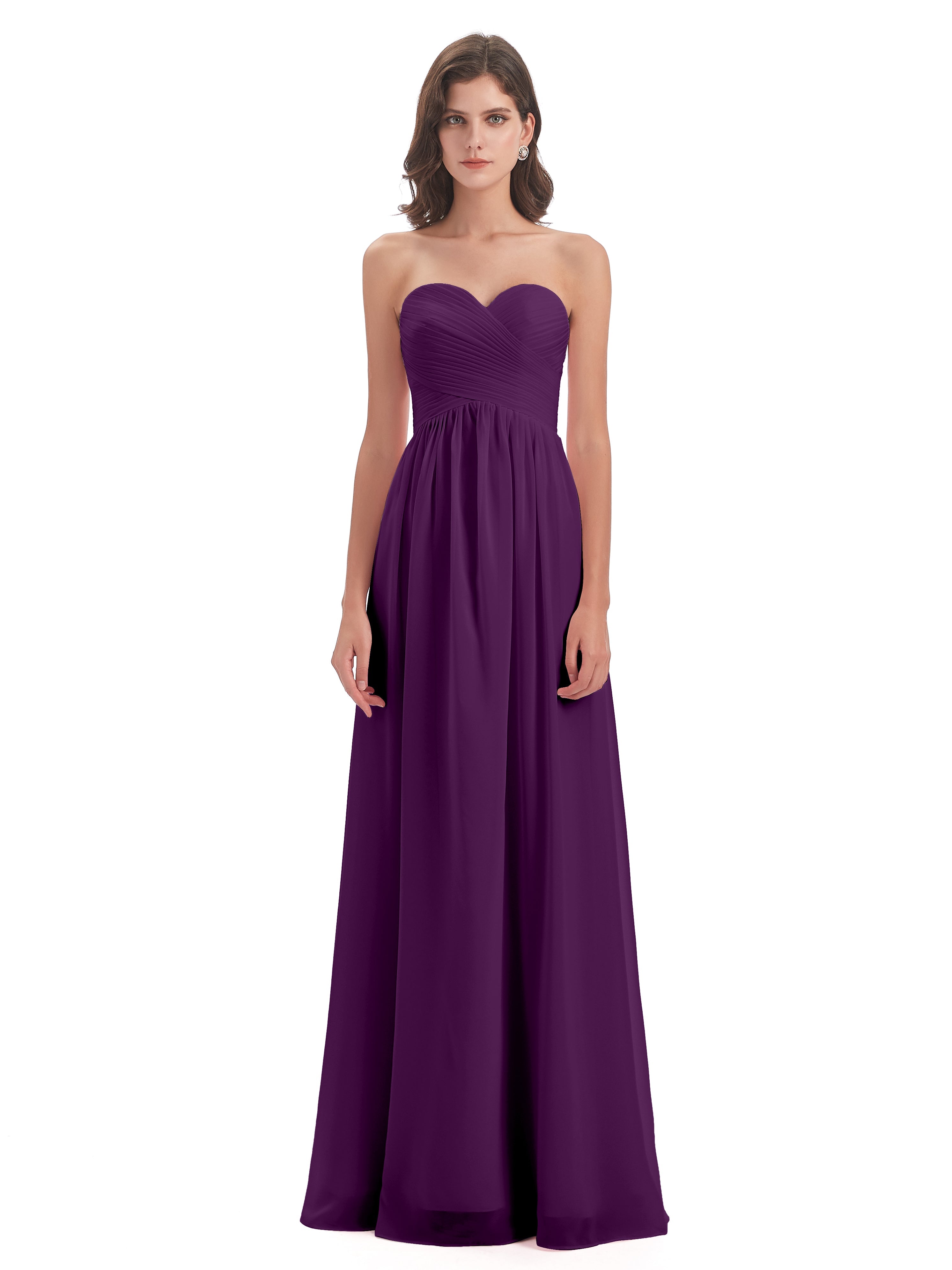 Robes De Demoiselle D'Honneur En Raisin Col Coeur Sans Manche Mousseline Robes Demoiselle D'Honneur