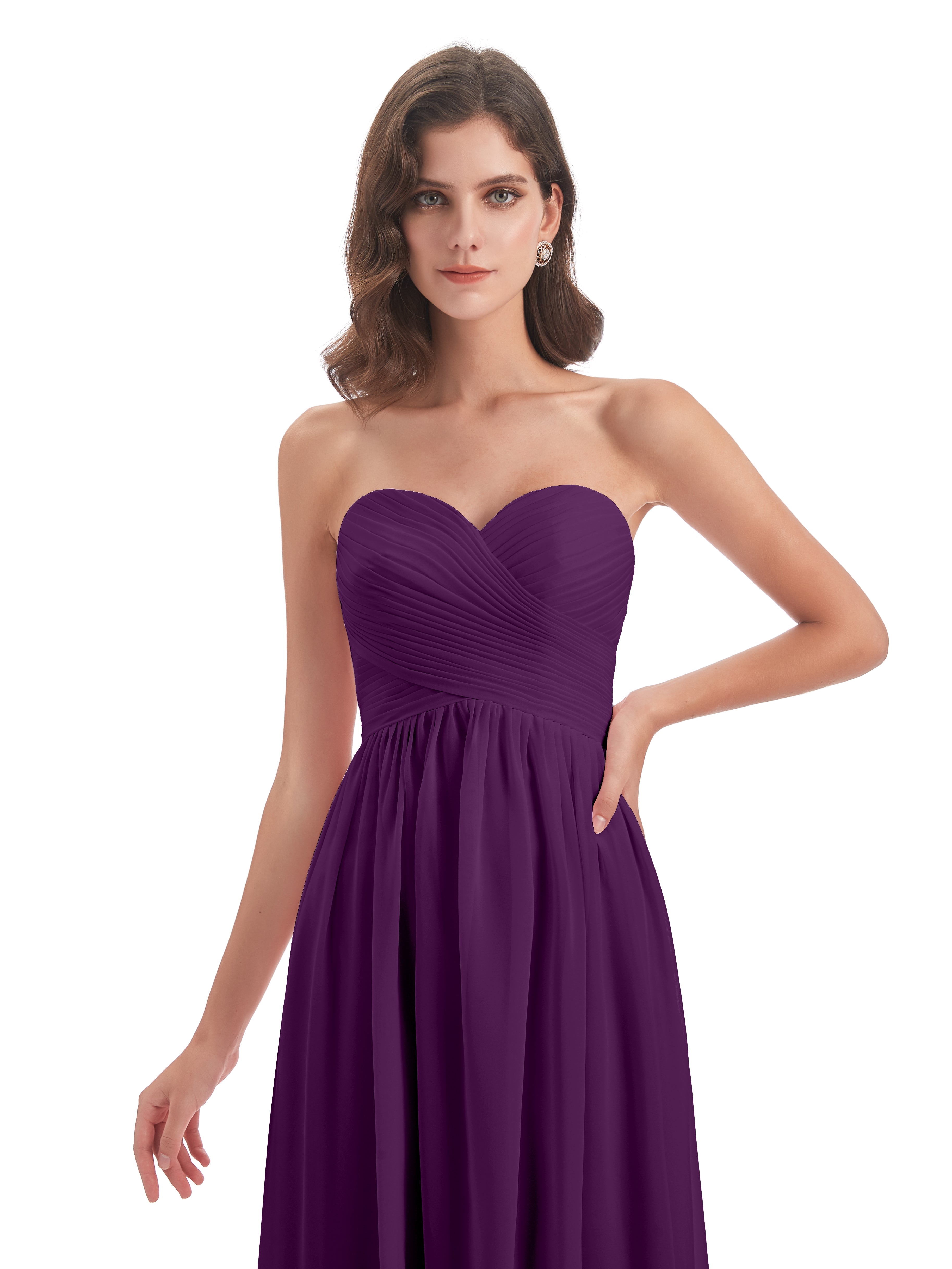 Robes De Demoiselle D'Honneur En Raisin Col Coeur Sans Manche Mousseline Robes Demoiselle D'Honneur