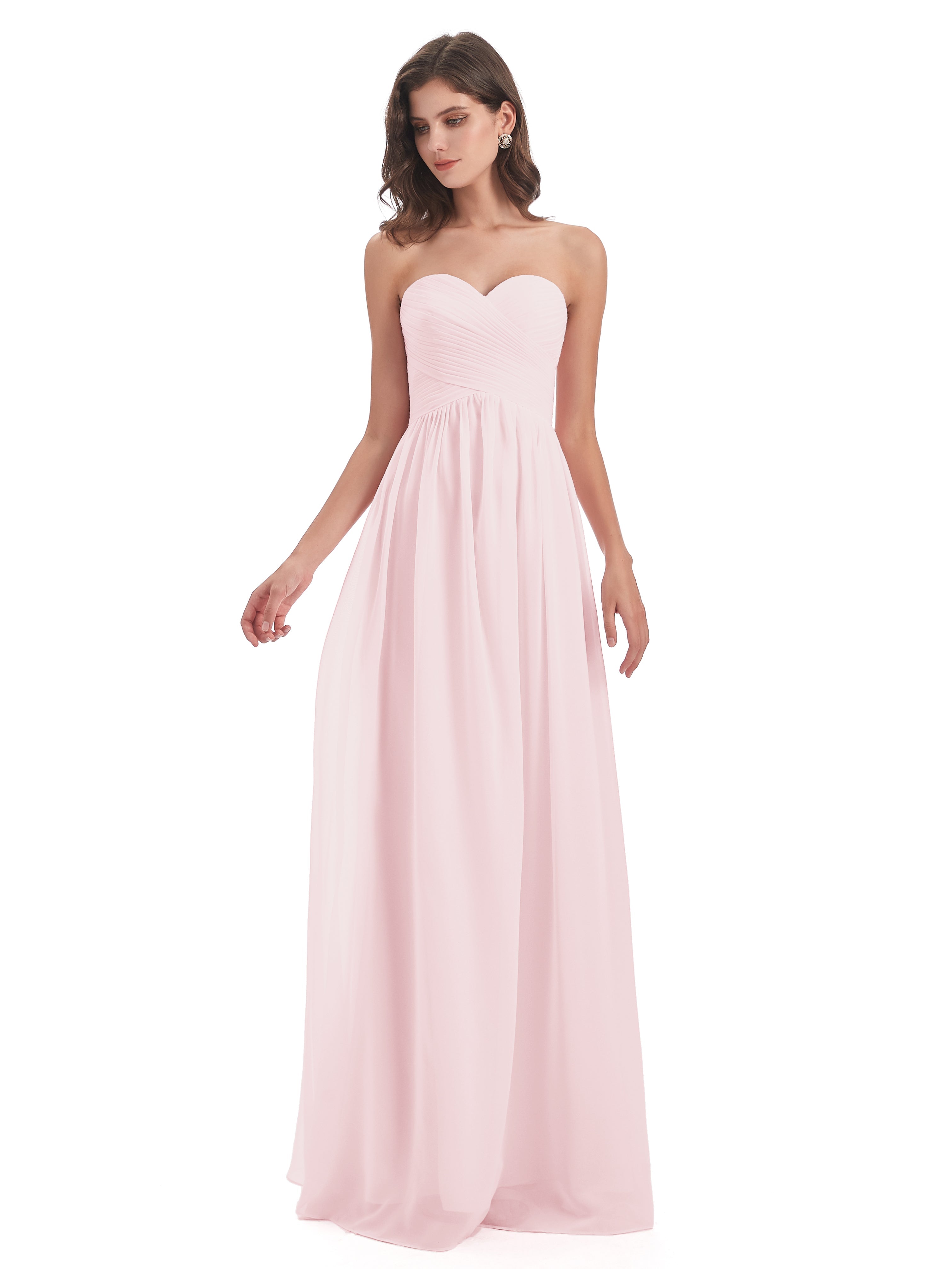 Robe De Demoiselle D Honneur Rose Pale Col Coeur Sans Manche Mousseline Robes Demoiselle D'Honneur