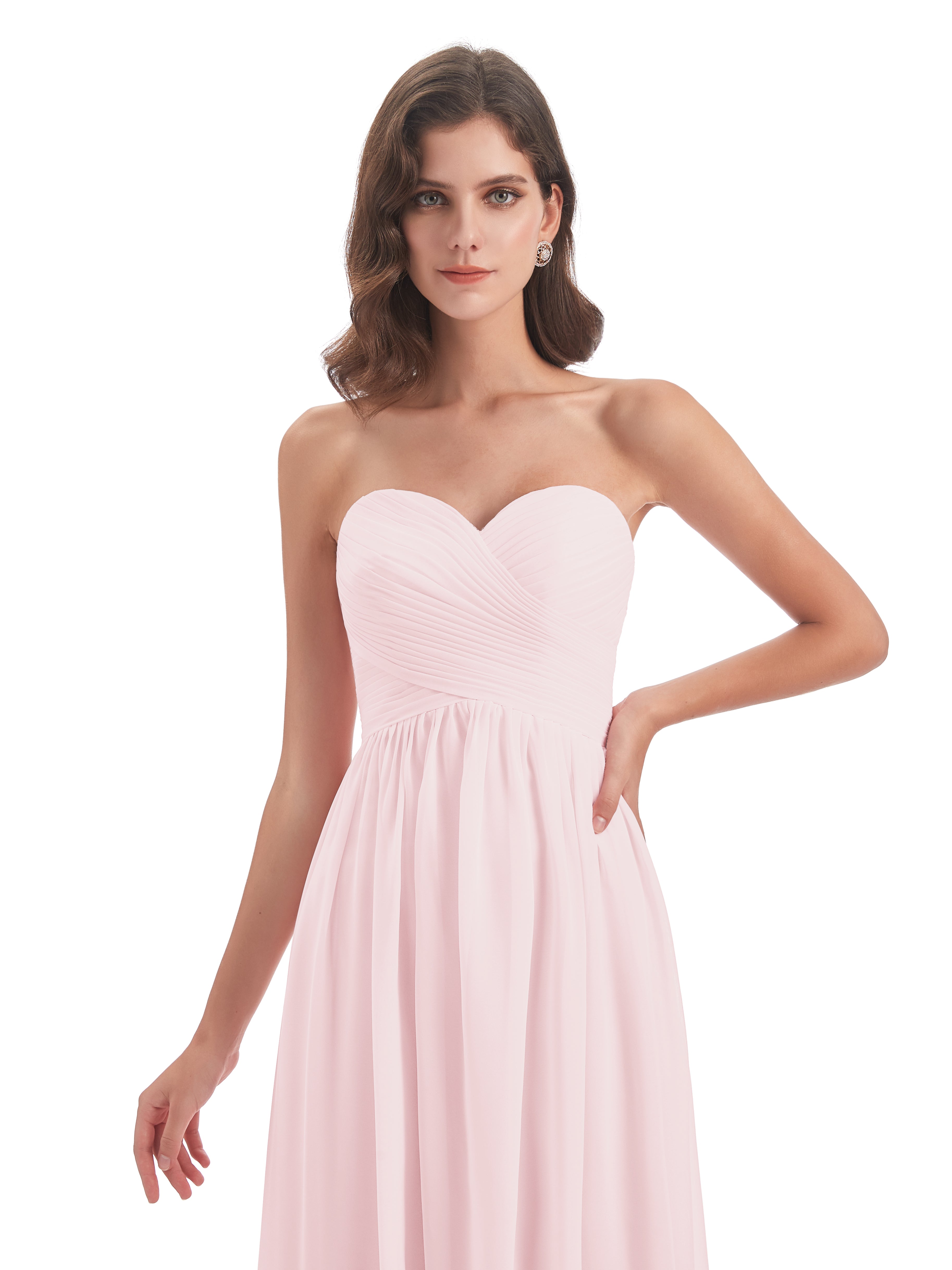 Robe De Demoiselle D Honneur Rose Pale Col Coeur Sans Manche Mousseline Robes Demoiselle D'Honneur