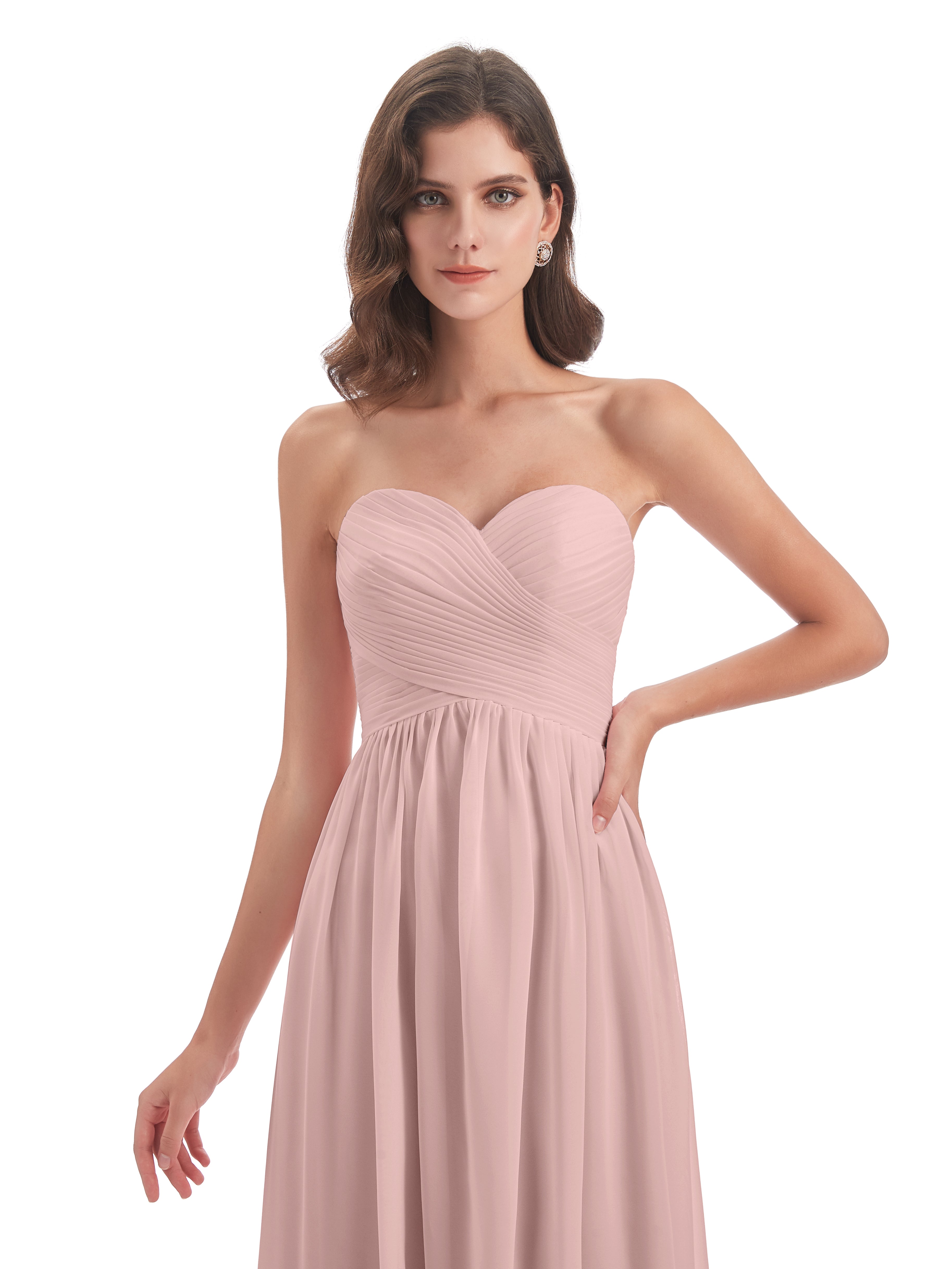 Robe Demoiselle D Honneur Rose Poudré Courte Col Coeur Sans Manche Mousseline Robes Demoiselle D'Honneur