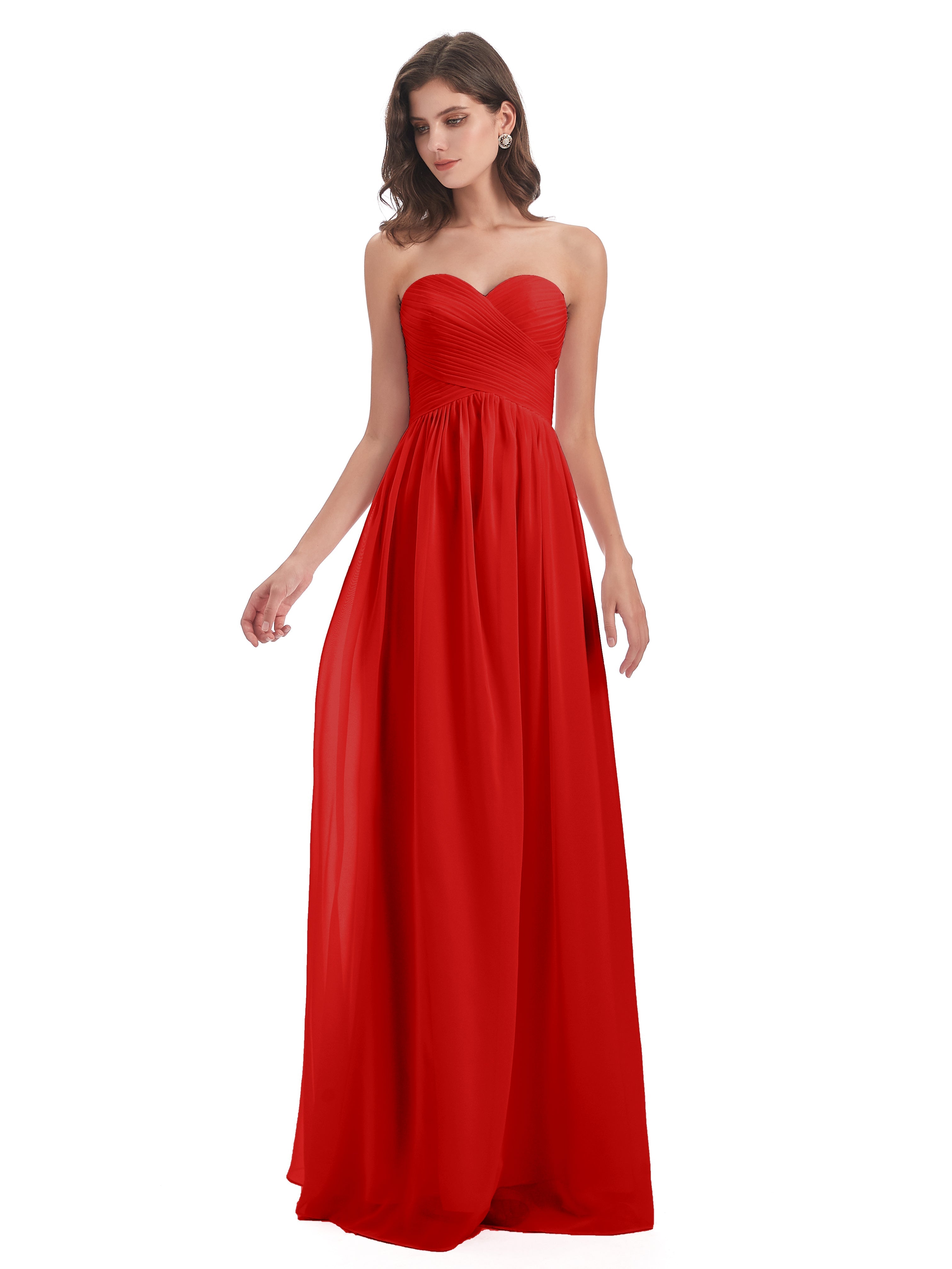 Robe Longue Demoiselle D Honneur Rouge Col Coeur Sans Manche Mousseline Robes Demoiselle D'Honneur