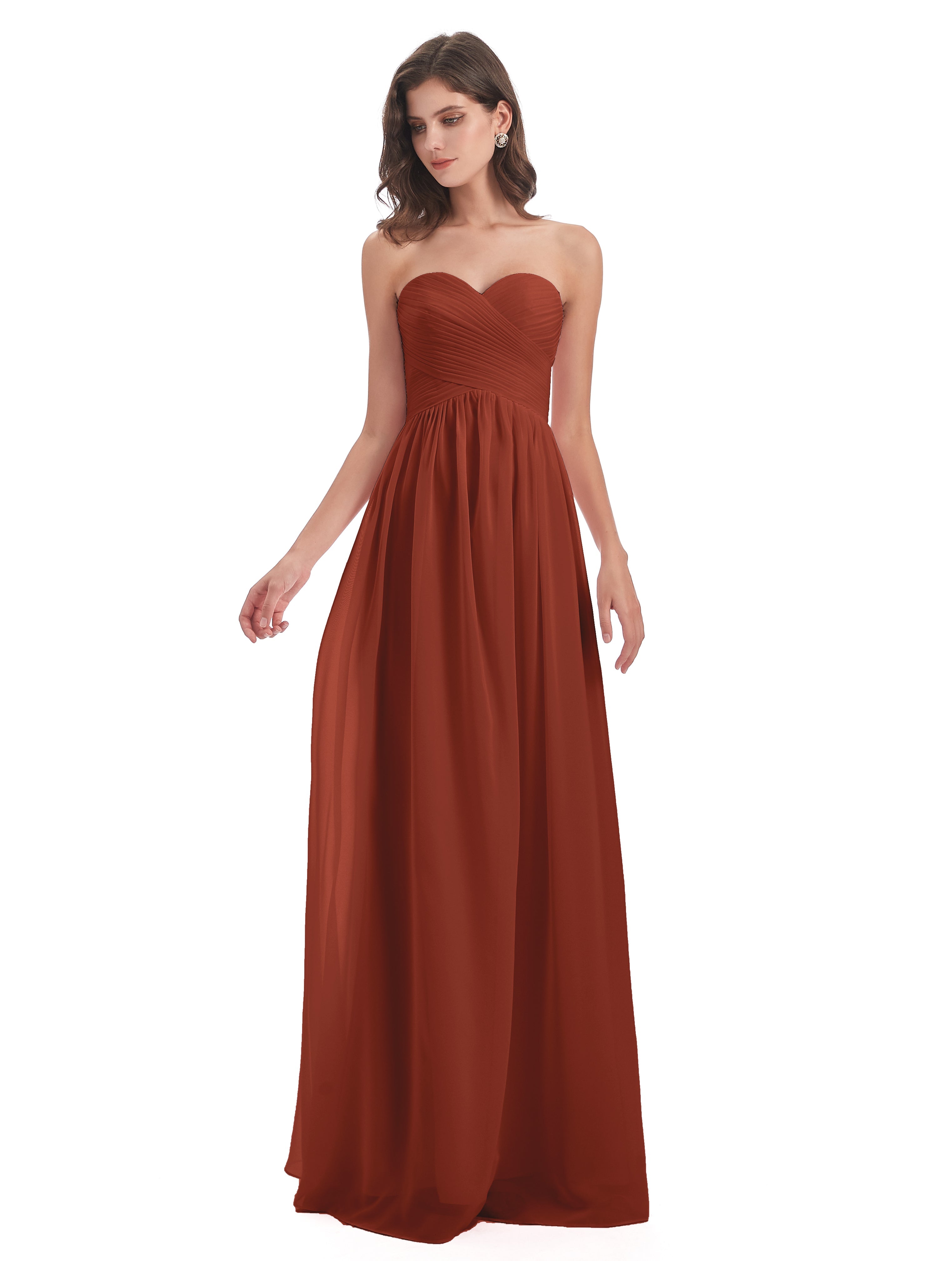 Longues Robes De Demoiselle D'Honneur De Rouille Col Coeur Sans Manche Mousseline Robes Demoiselle D'Honneur
