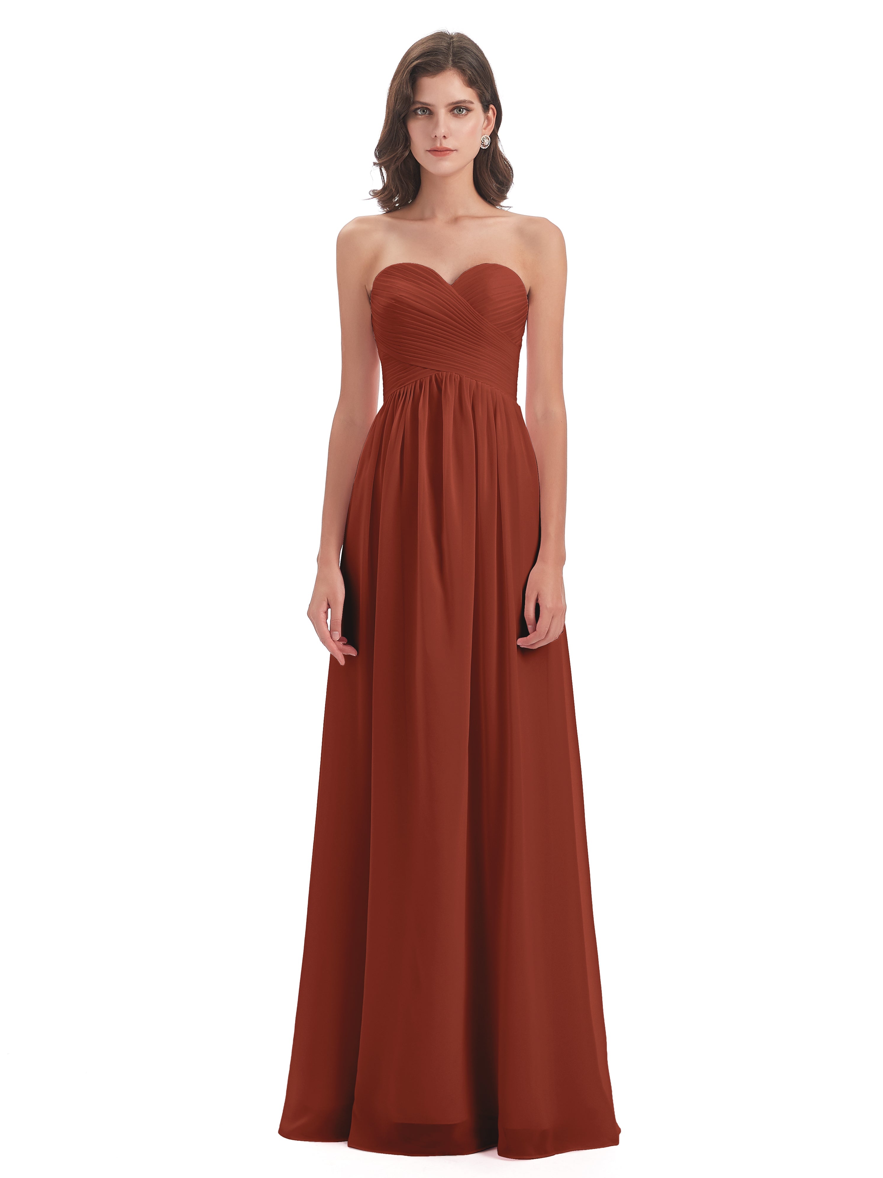 Longues Robes De Demoiselle D'Honneur De Rouille Col Coeur Sans Manche Mousseline Robes Demoiselle D'Honneur