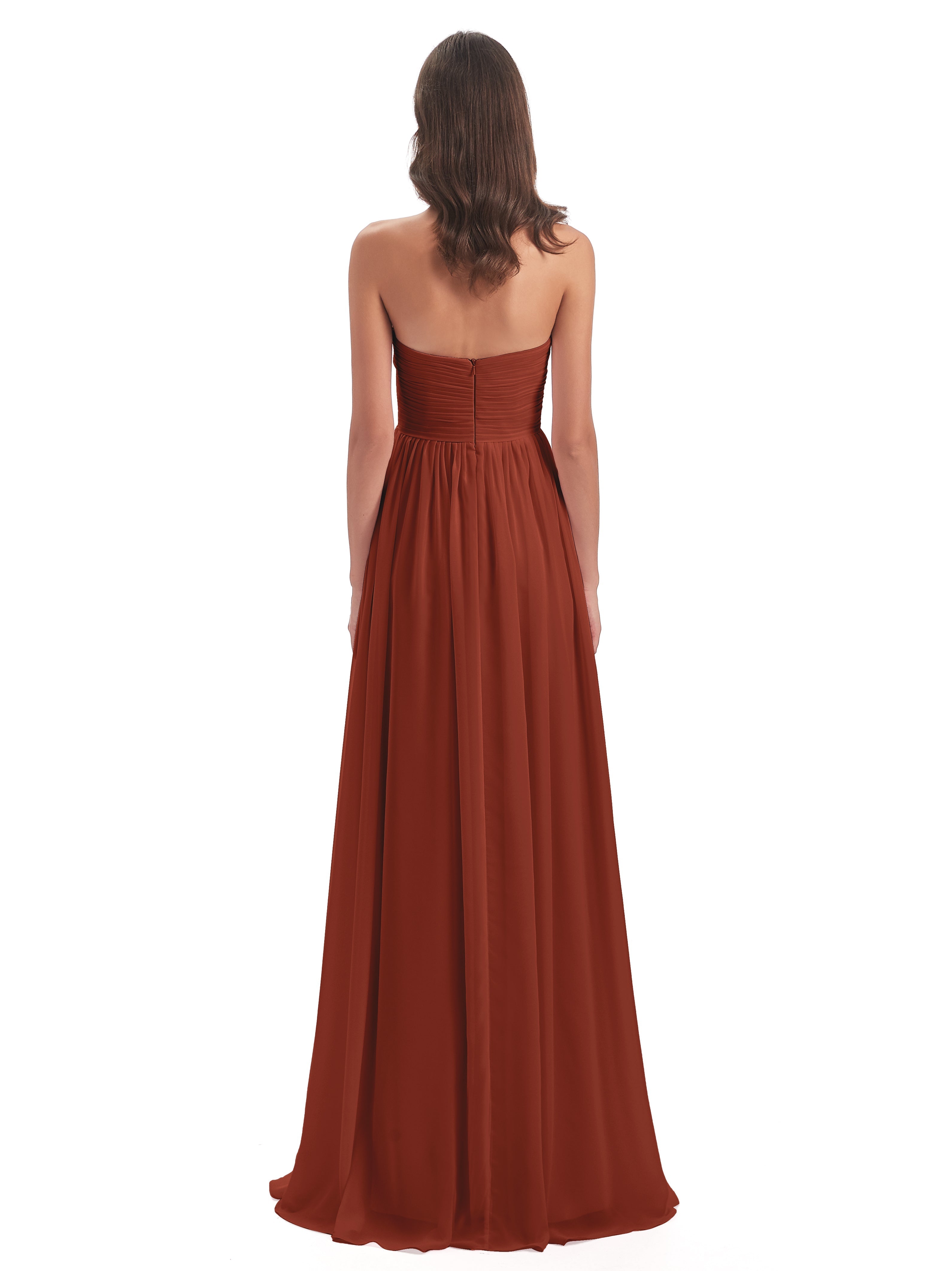 Longues Robes De Demoiselle D'Honneur De Rouille Col Coeur Sans Manche Mousseline Robes Demoiselle D'Honneur