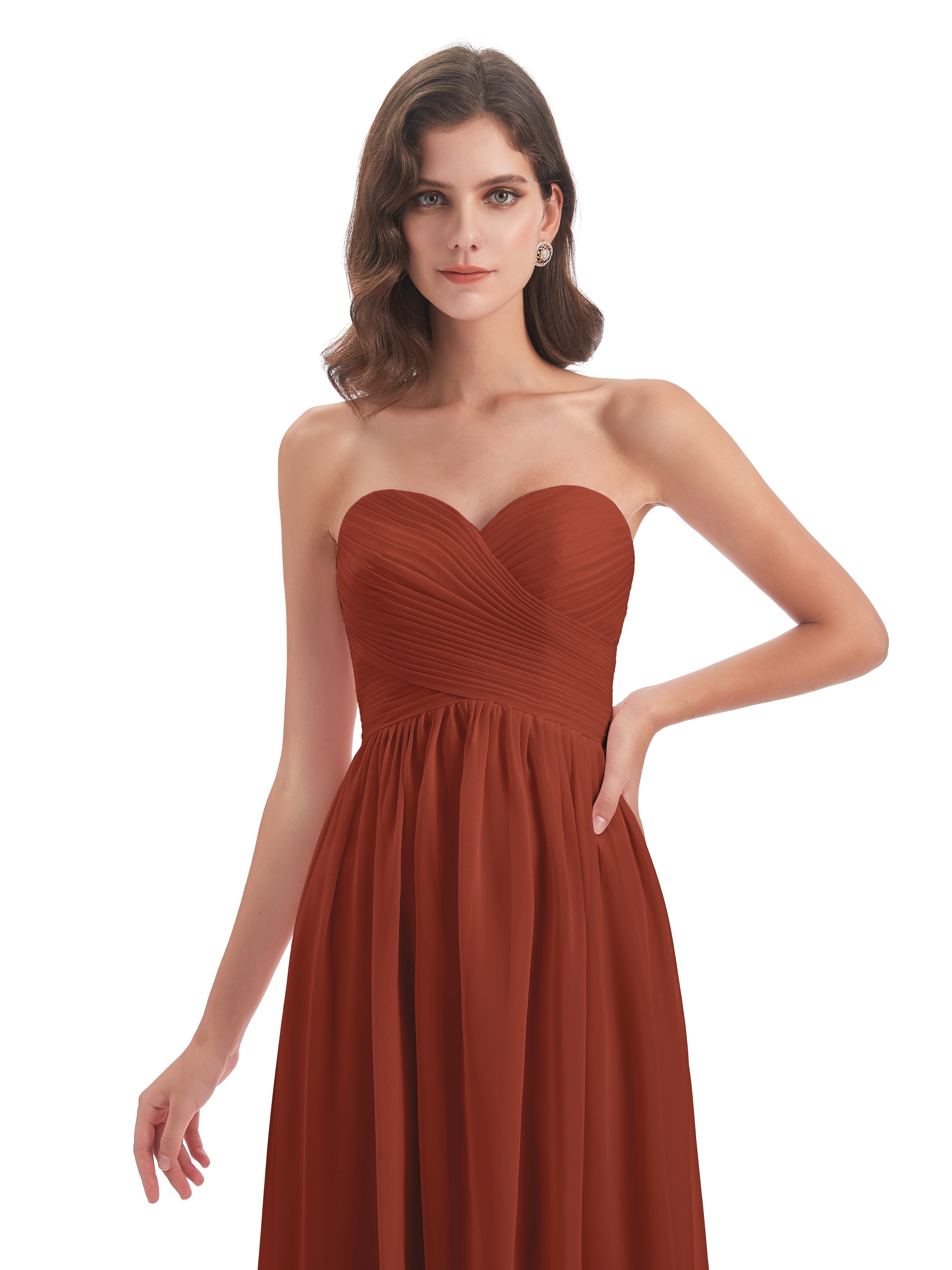 Longues Robes De Demoiselle D'Honneur De Rouille Col Coeur Sans Manche Mousseline Robes Demoiselle D'Honneur