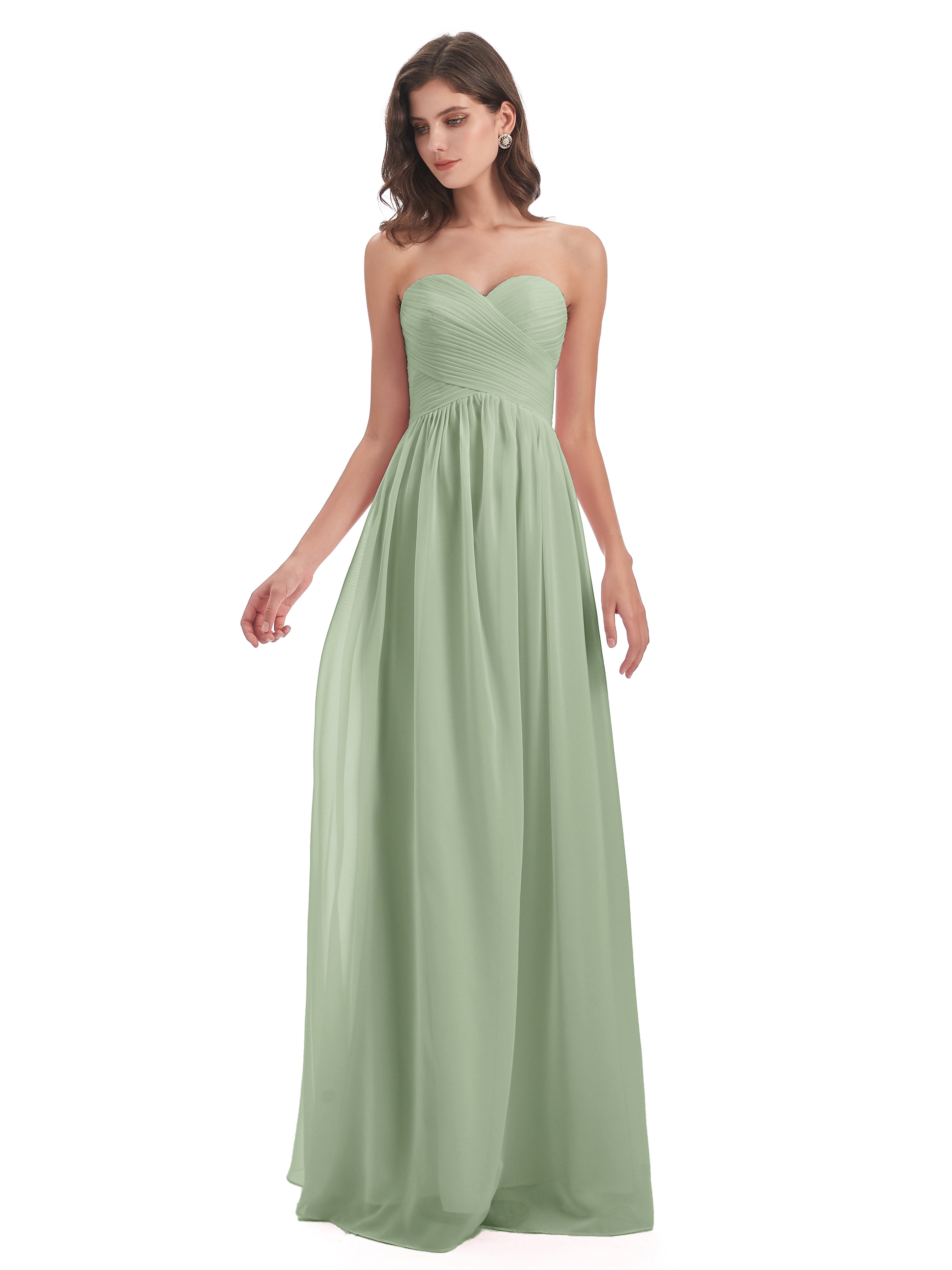 Robes De Demoiselle D'Honneur Couleur Sauge Poussiéreuse Bon Marché Col Coeur Sans Manche Mousseline Robes Demoiselle D'Honneur