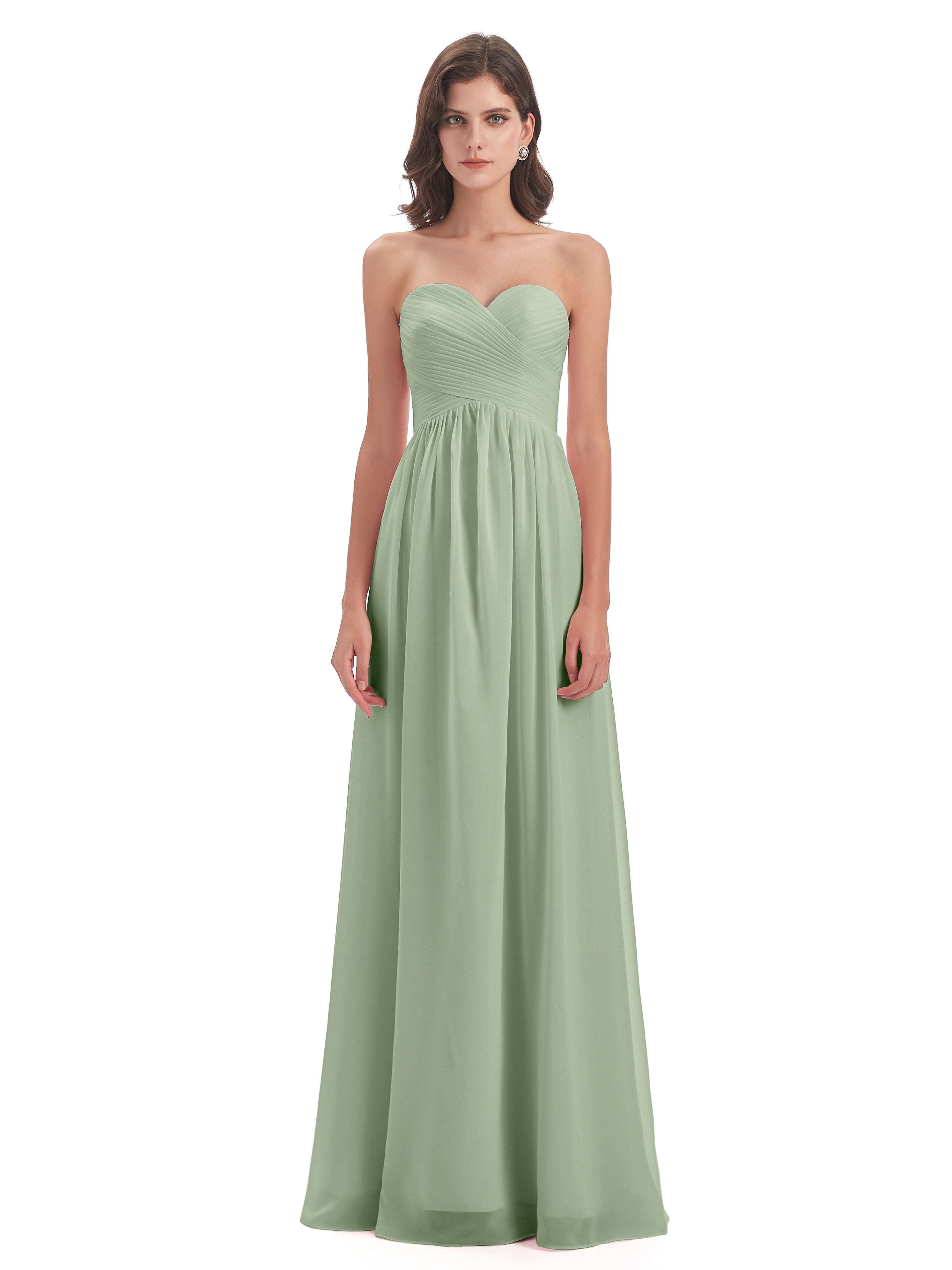 Robes De Demoiselle D'Honneur Couleur Sauge Poussiéreuse Bon Marché Col Coeur Sans Manche Mousseline Robes Demoiselle D'Honneur