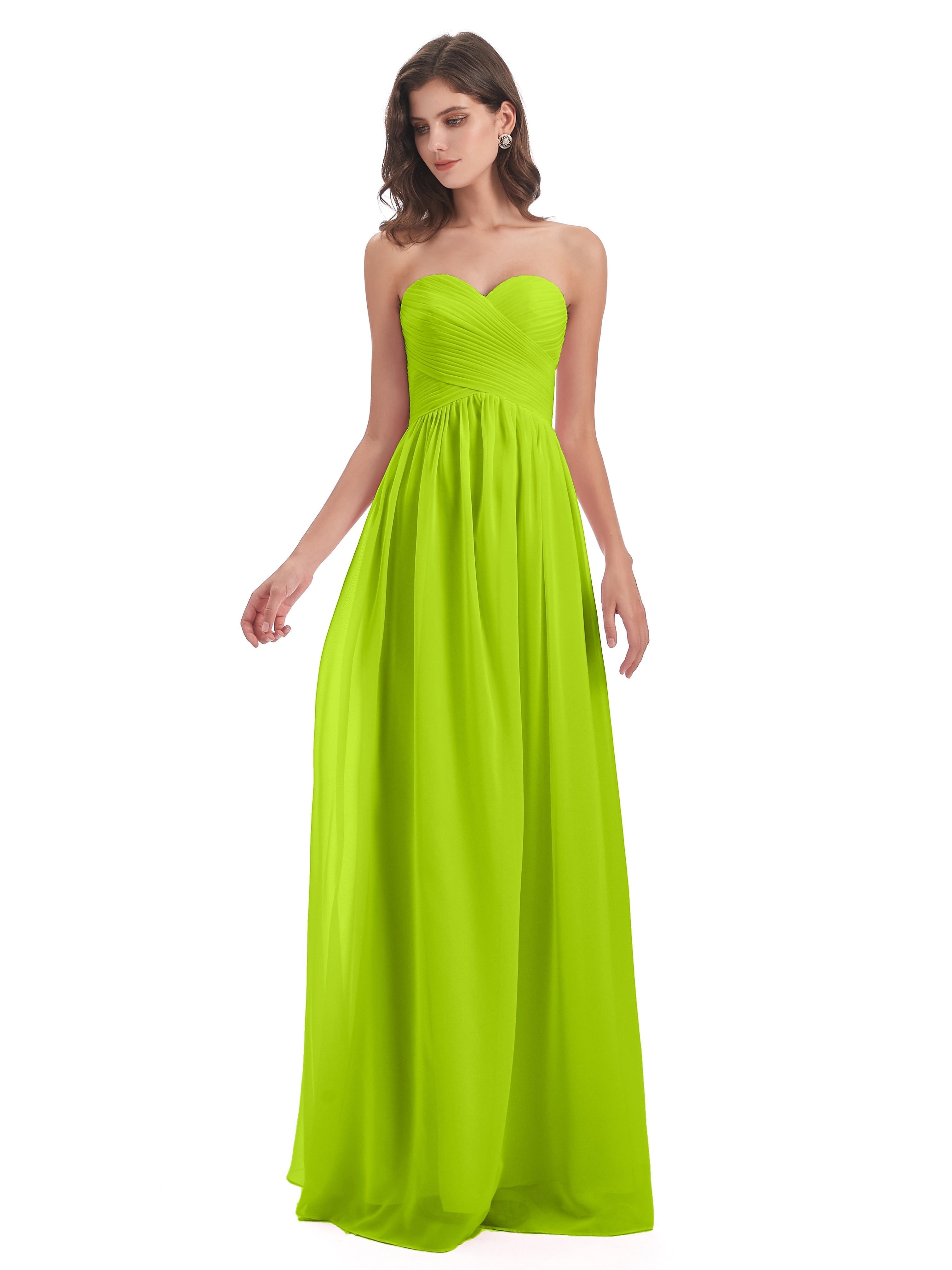 Robes De Demoiselle D'Honneur Vert Citron Col Coeur Sans Manche Mousseline Robes Demoiselle D'Honneur