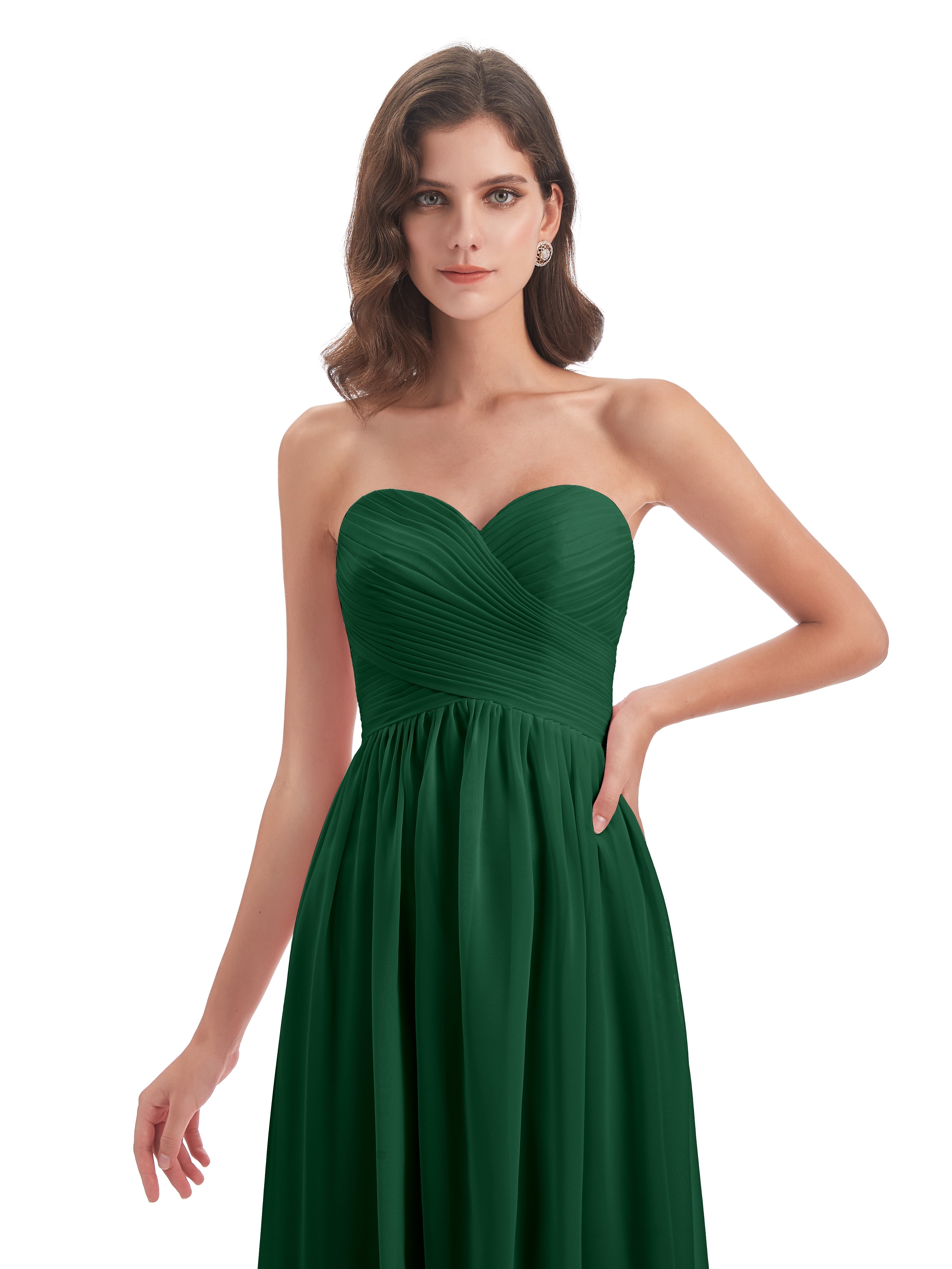 Robes De Demoiselle D'Honneur Vert Foncé Col Coeur Sans Manche Mousseline Robes Demoiselle D'Honneur