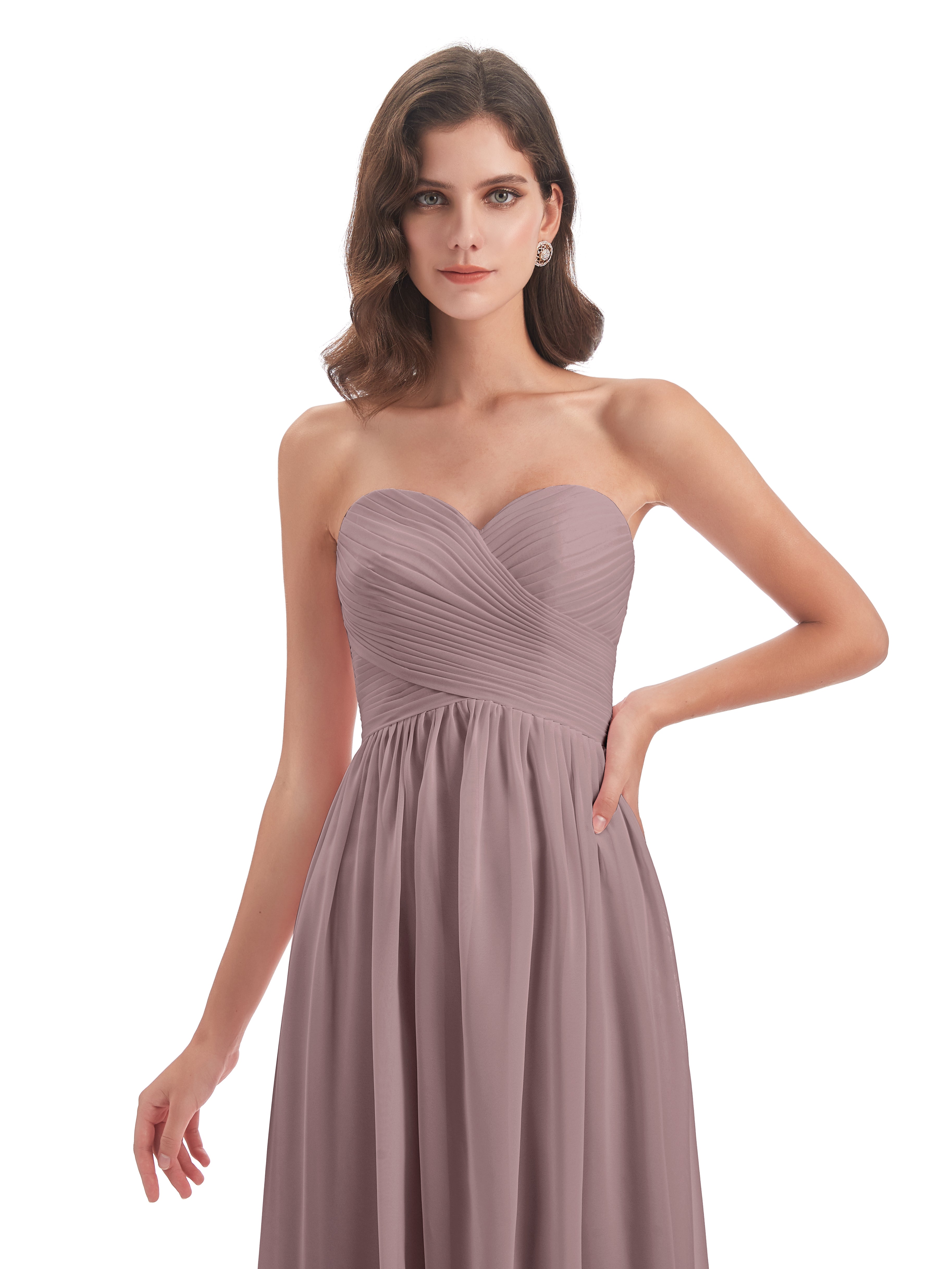 Robes De Demoiselle D'Honneur Vintage Mauve Col Coeur Sans Manche Mousseline Robes Demoiselle D'Honneur