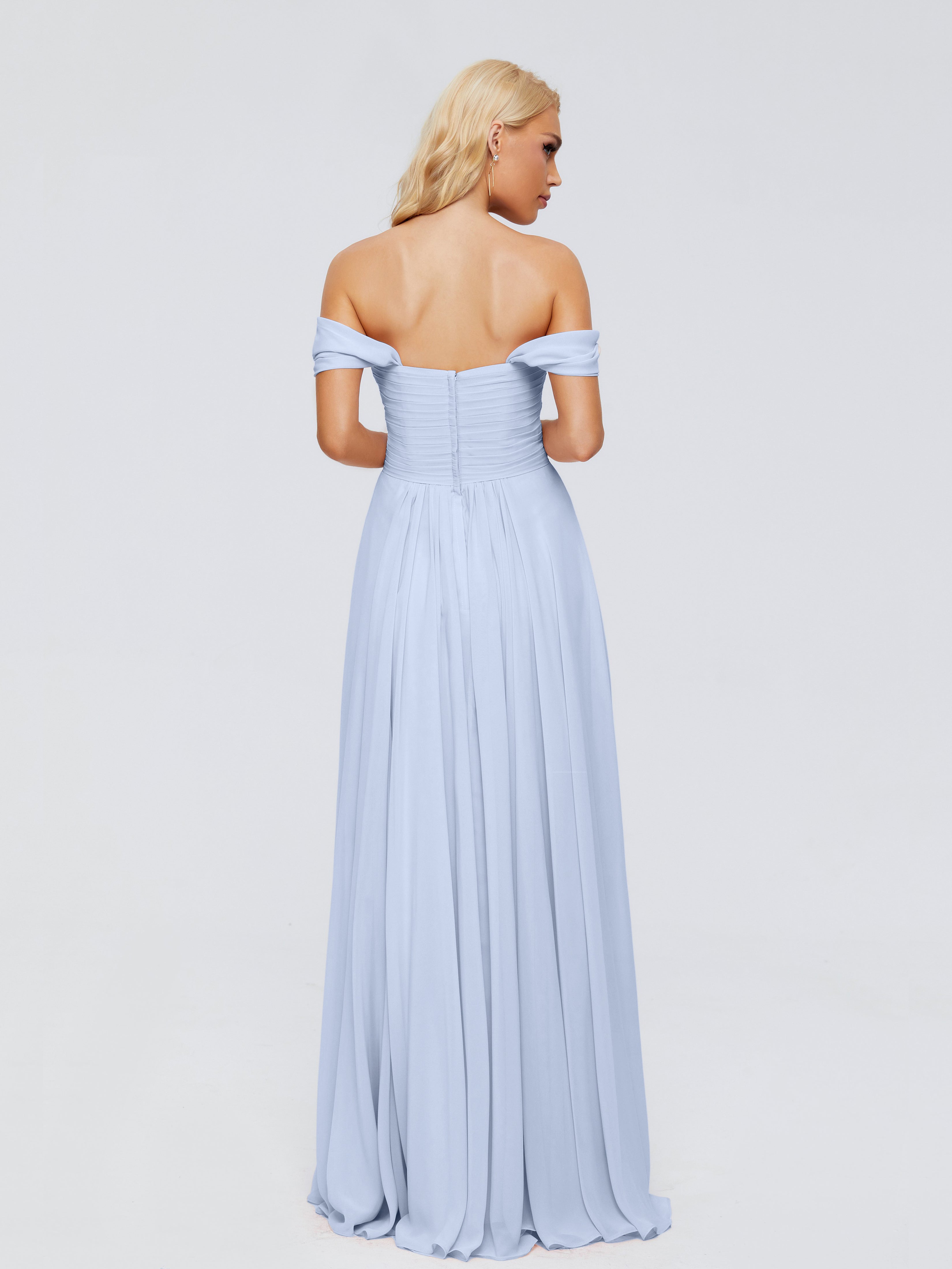 Robe Longue Bleu Ciel Demoiselle D Honneur Trapèze Encolure Dégagée Mousseline Robes Demoiselle D'Honneur