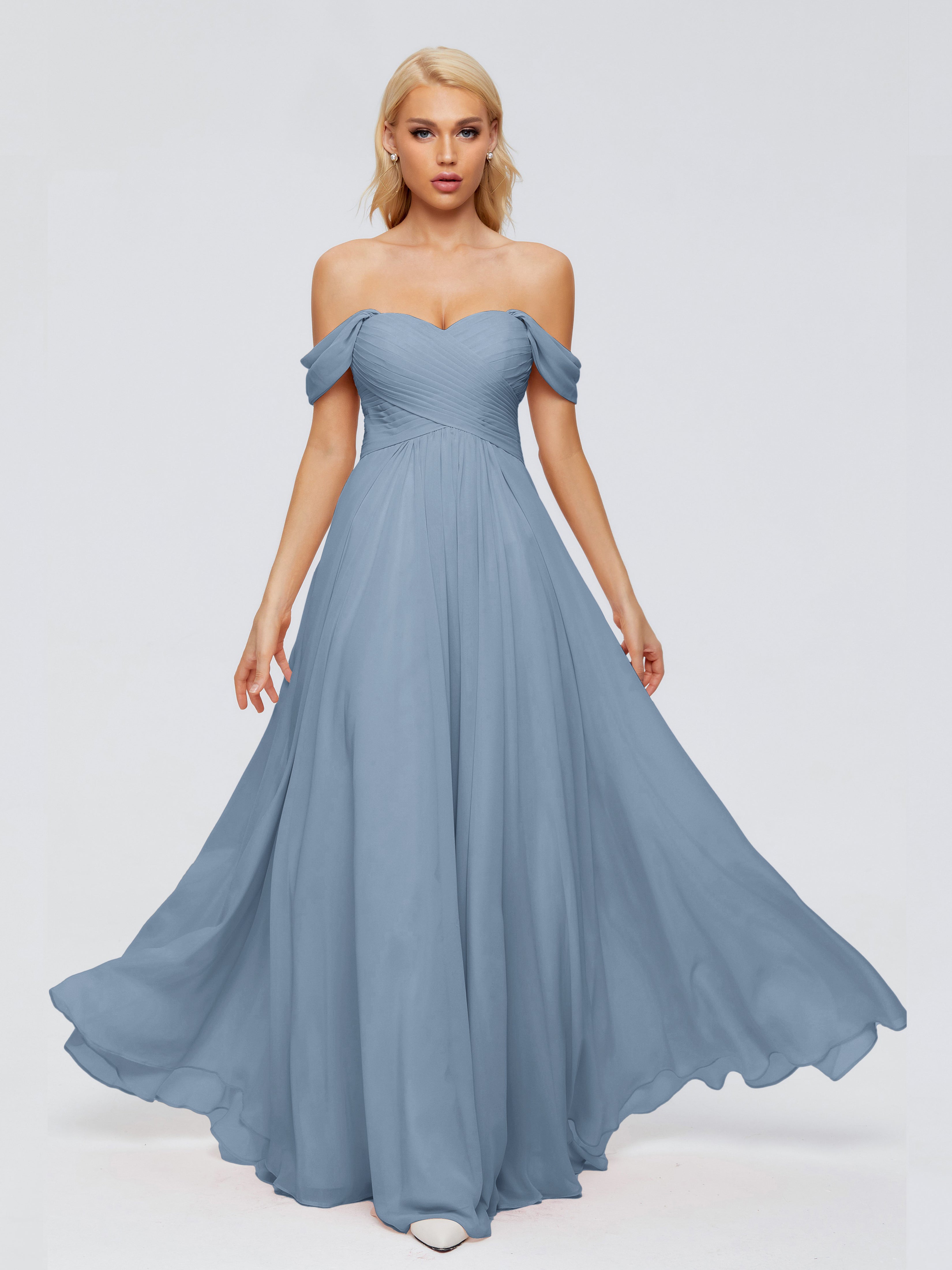 Robes De Demoiselle D'Honneur Bleu De Schiste Trapèze Encolure Dégagée Mousseline Robes Demoiselle D'Honneur