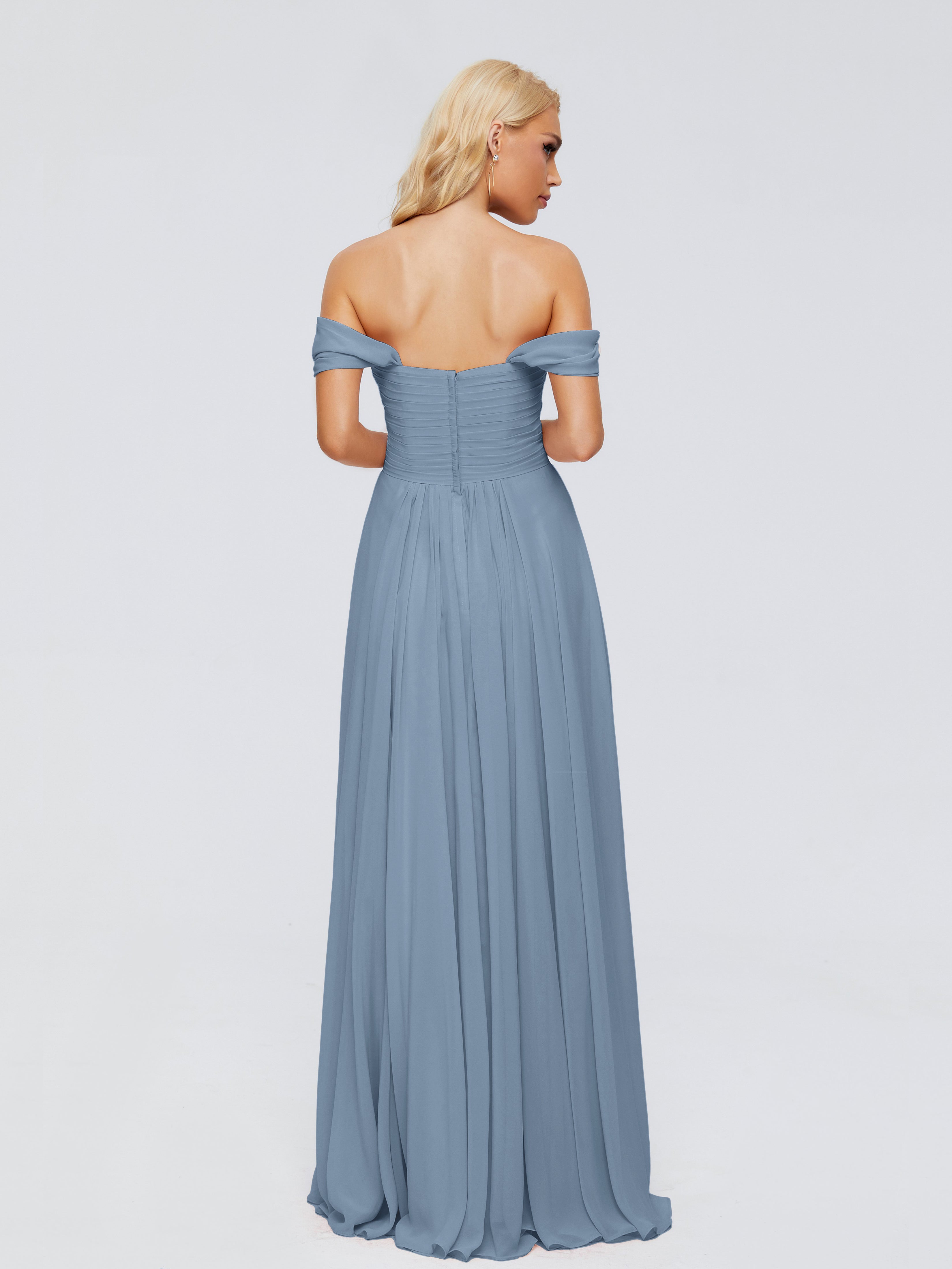 Robes De Demoiselle D'Honneur Bleu De Schiste Trapèze Encolure Dégagée Mousseline Robes Demoiselle D'Honneur