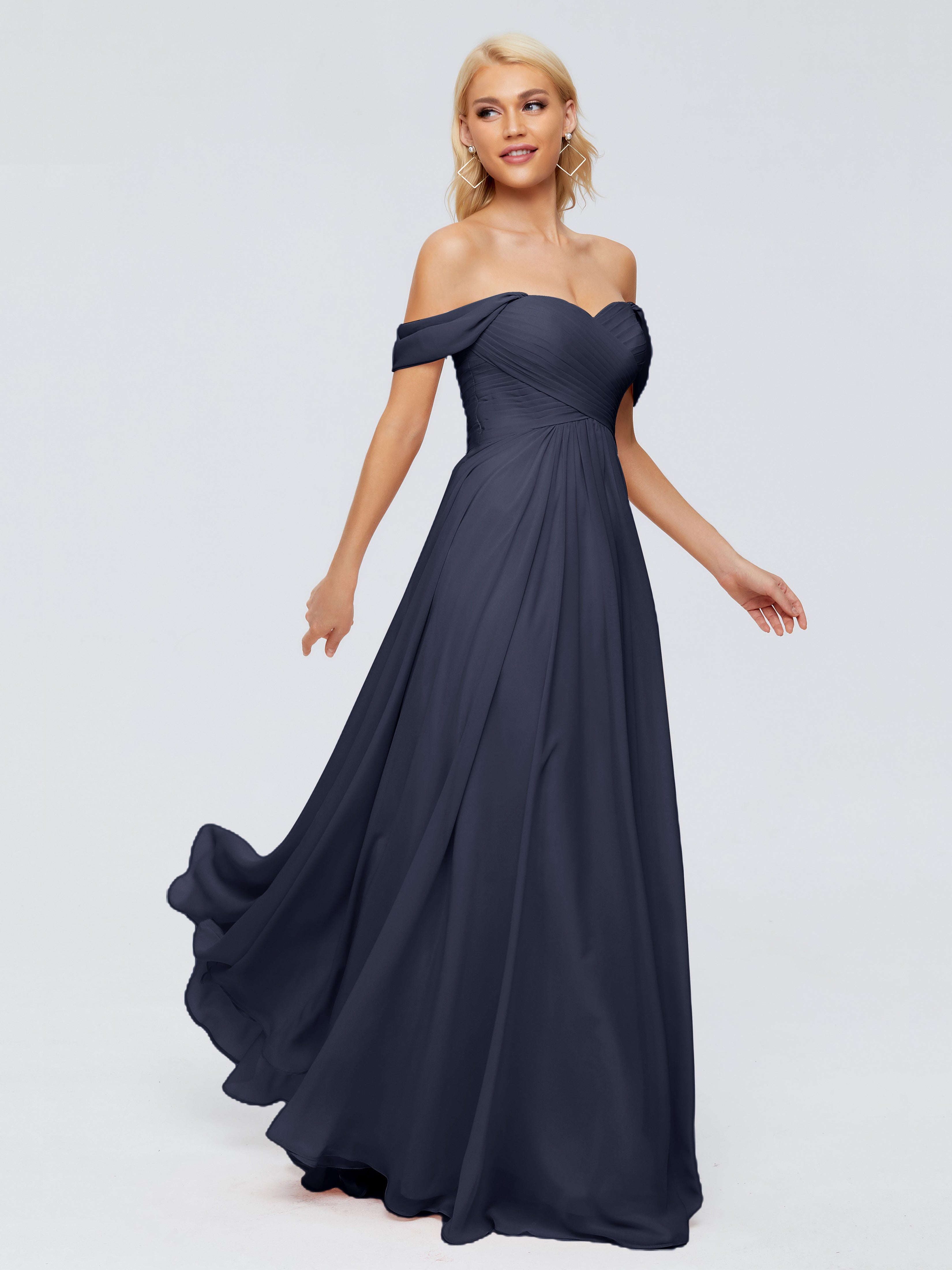 Robes De Demoiselle D'Honneur Bleu Marine Trapèze Encolure Dégagée Mousseline Robes Demoiselle D'Honneur
