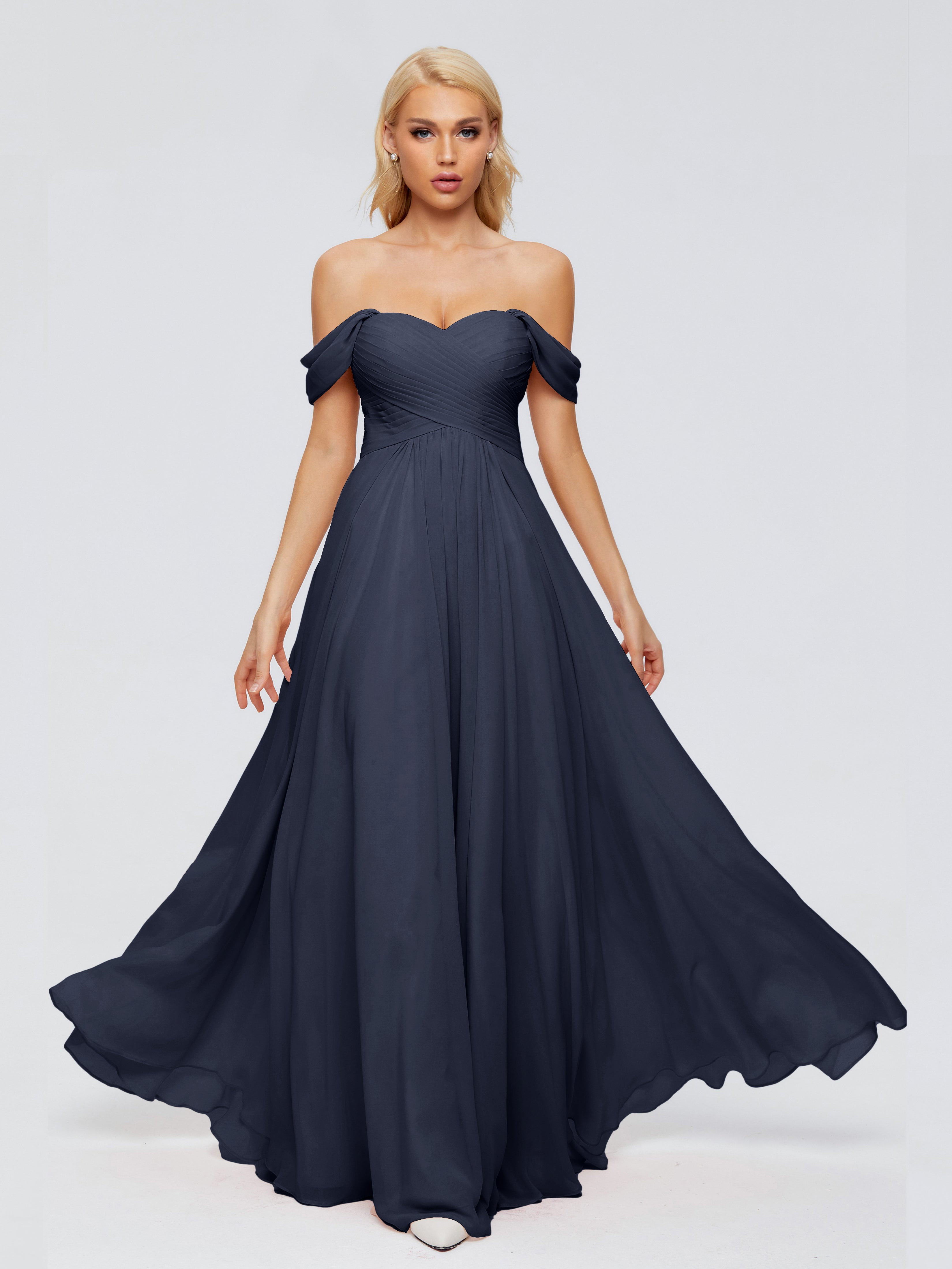 Robes De Demoiselle D'Honneur Bleu Marine Trapèze Encolure Dégagée Mousseline Robes Demoiselle D'Honneur