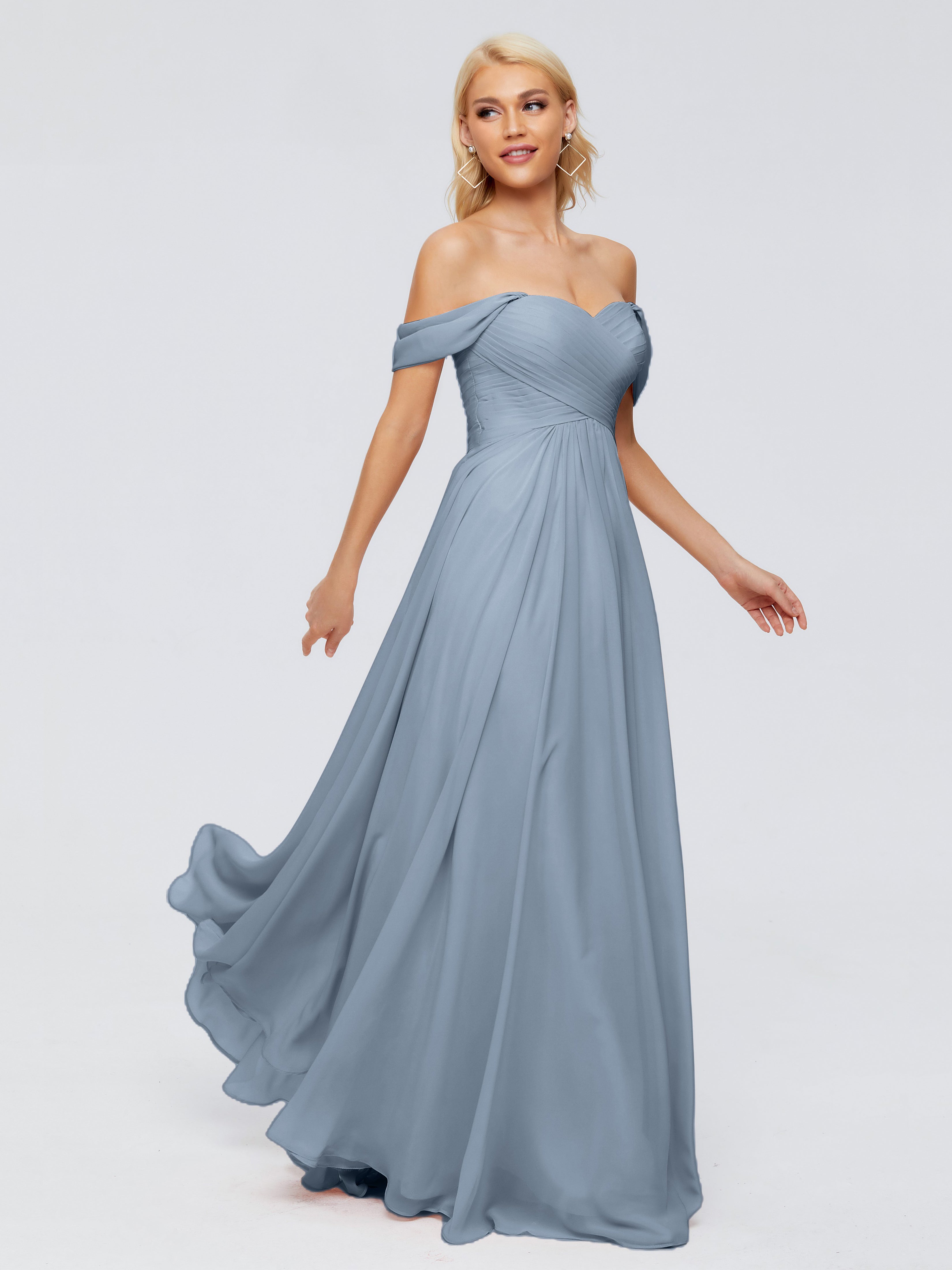 Robes De Demoiselle D'Honneur Bleu Gris Trapèze Encolure Dégagée Mousseline Robes Demoiselle D'Honneur