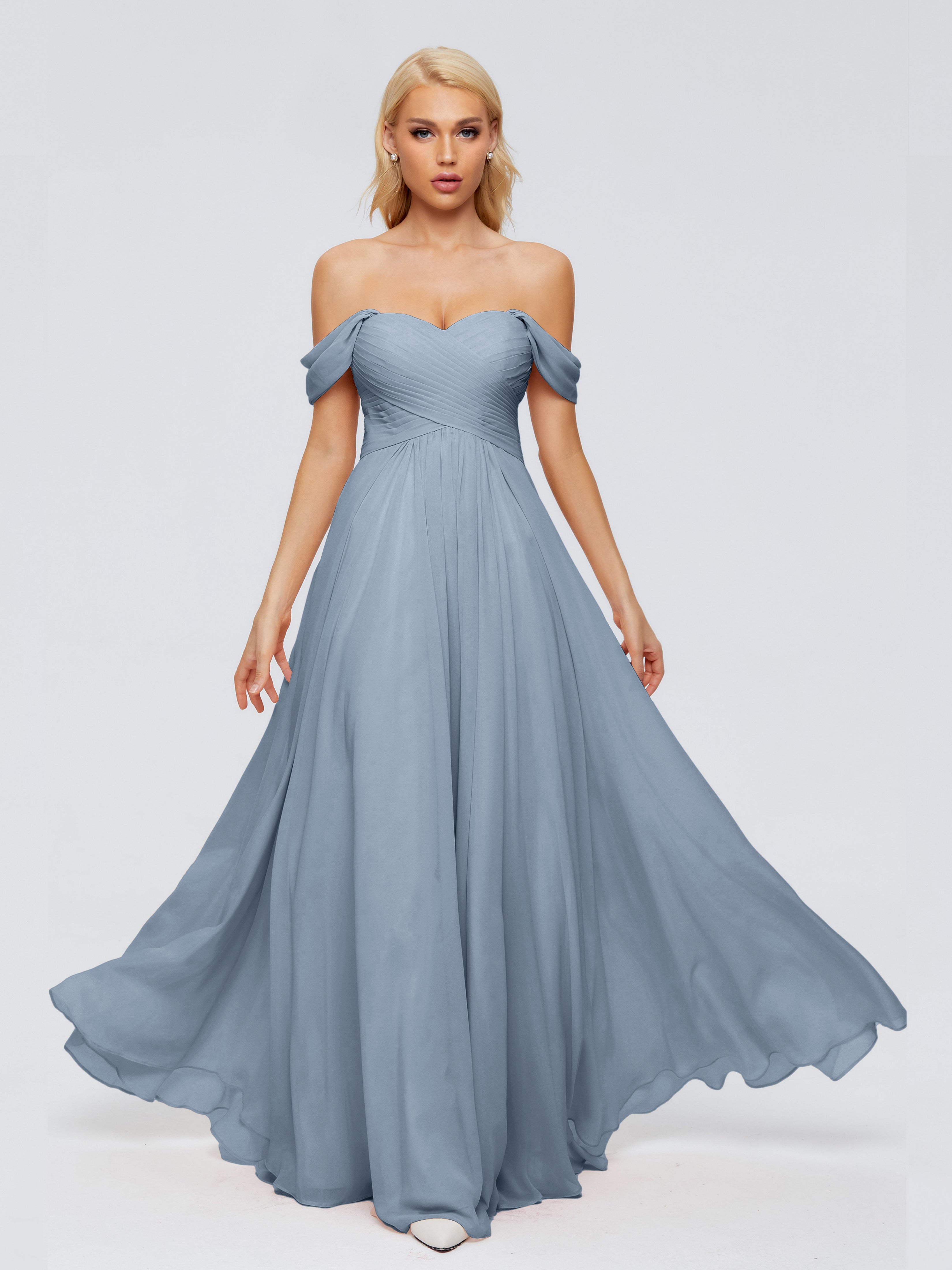 Robes De Demoiselle D'Honneur Bleu Gris Trapèze Encolure Dégagée Mousseline Robes Demoiselle D'Honneur