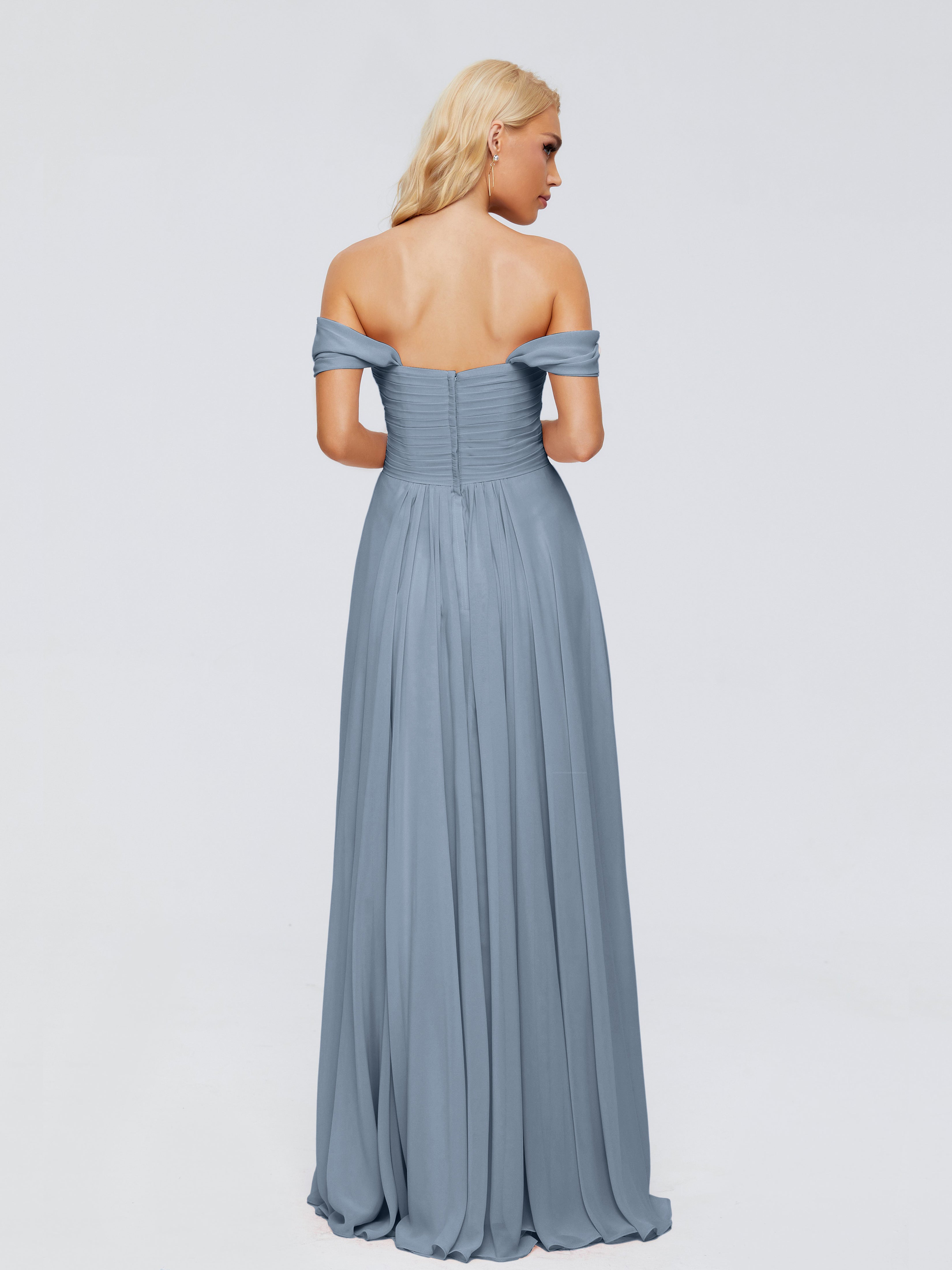Robes De Demoiselle D'Honneur Bleu Gris Trapèze Encolure Dégagée Mousseline Robes Demoiselle D'Honneur