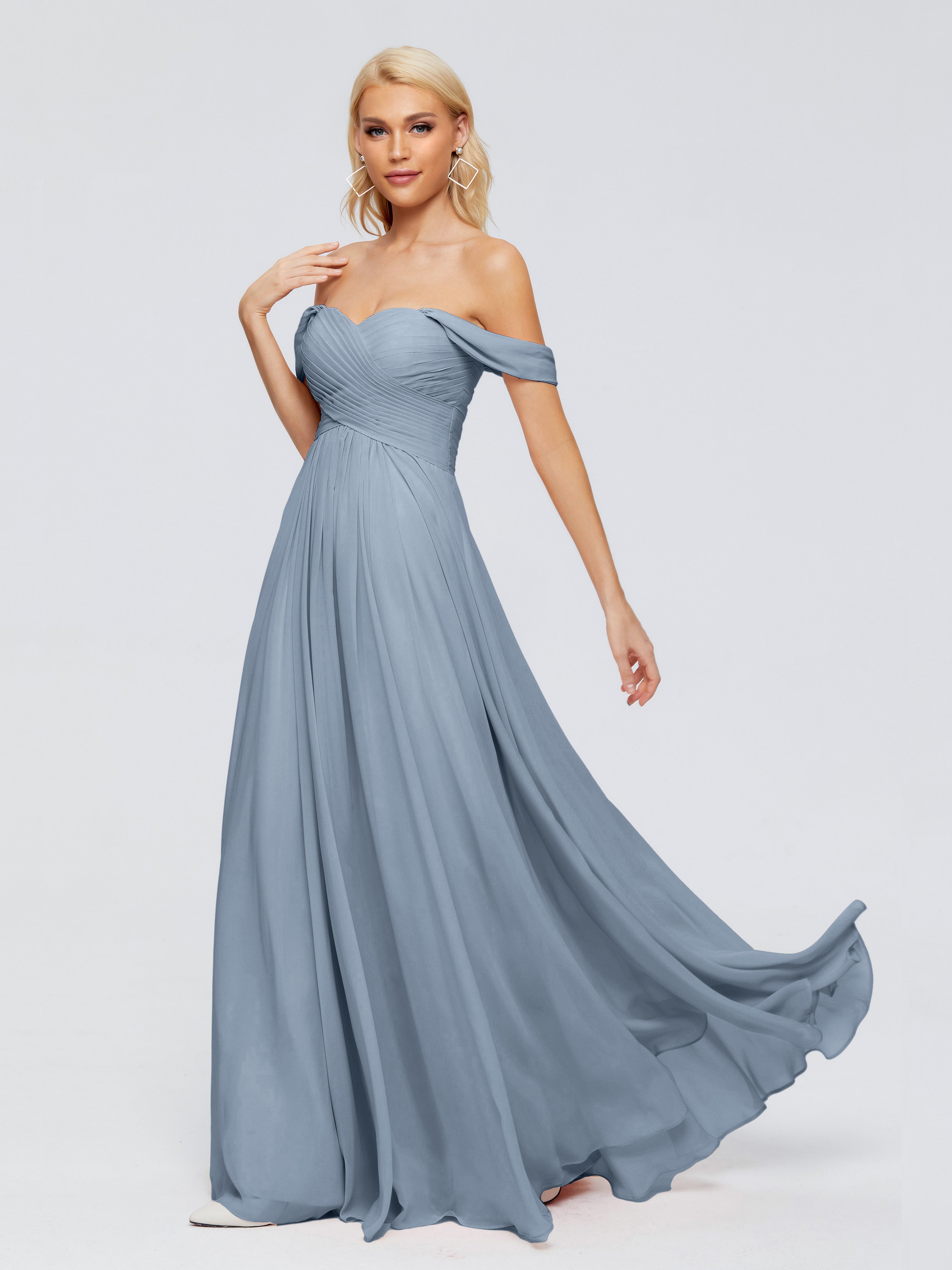 Robes De Demoiselle D'Honneur Bleu Gris Trapèze Encolure Dégagée Mousseline Robes Demoiselle D'Honneur