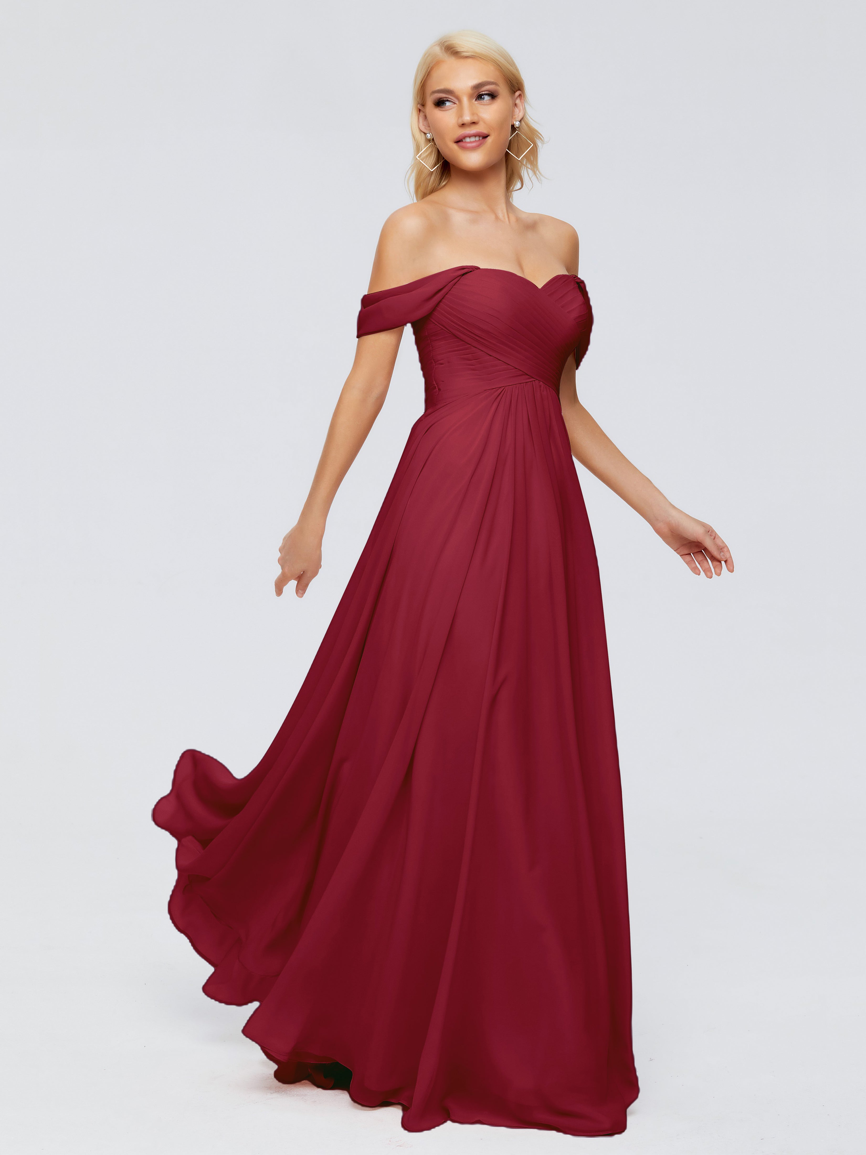 Robes De Demoiselle D'Honneur Bordeaux À Moins De 100 $ Trapèze Encolure Dégagée Mousseline Robes Demoiselle D'Honneur