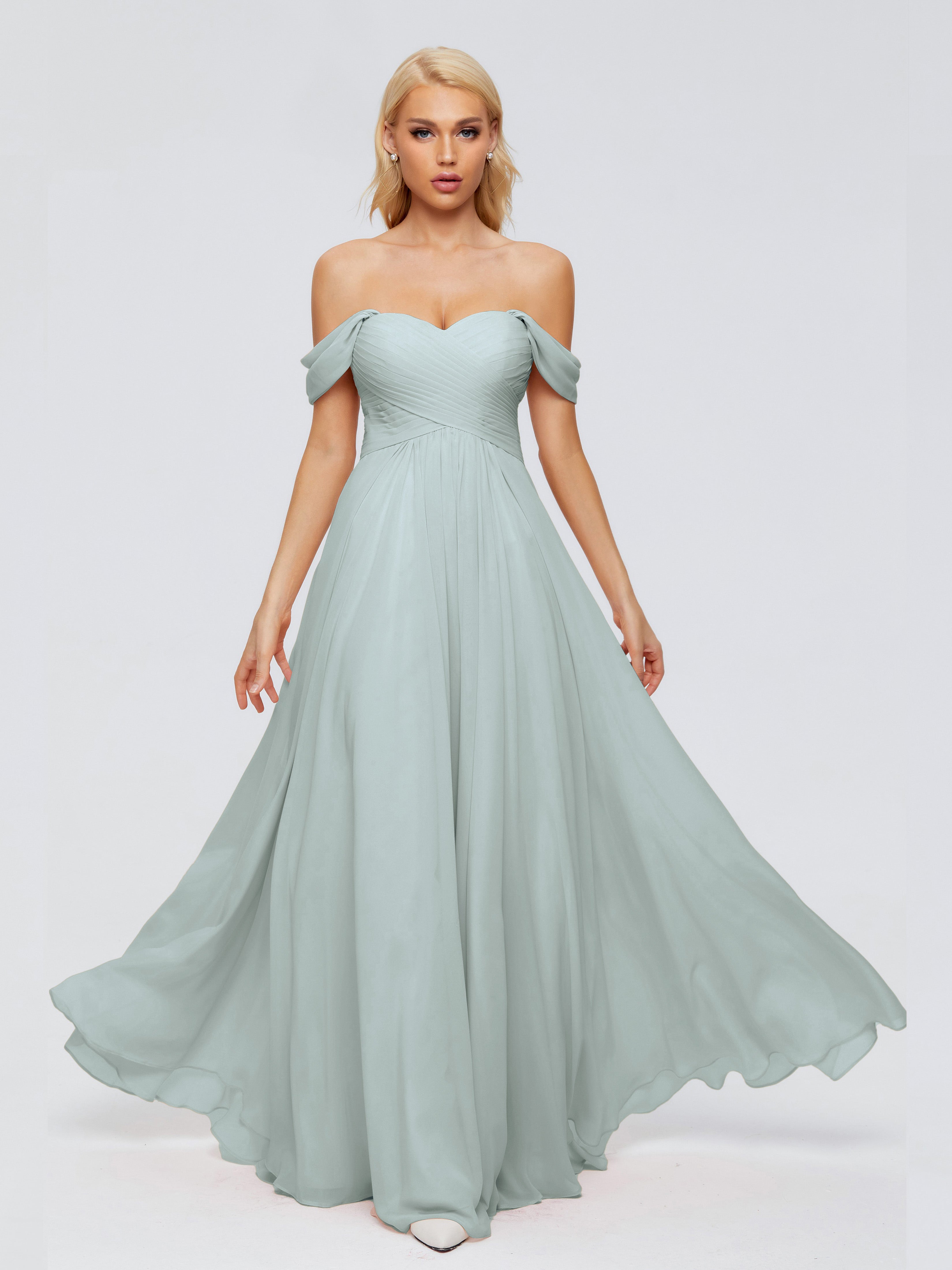 Robe Demoiselle D Honneur Celadon Trapèze Encolure Dégagée Mousseline Robes Demoiselle D'Honneur