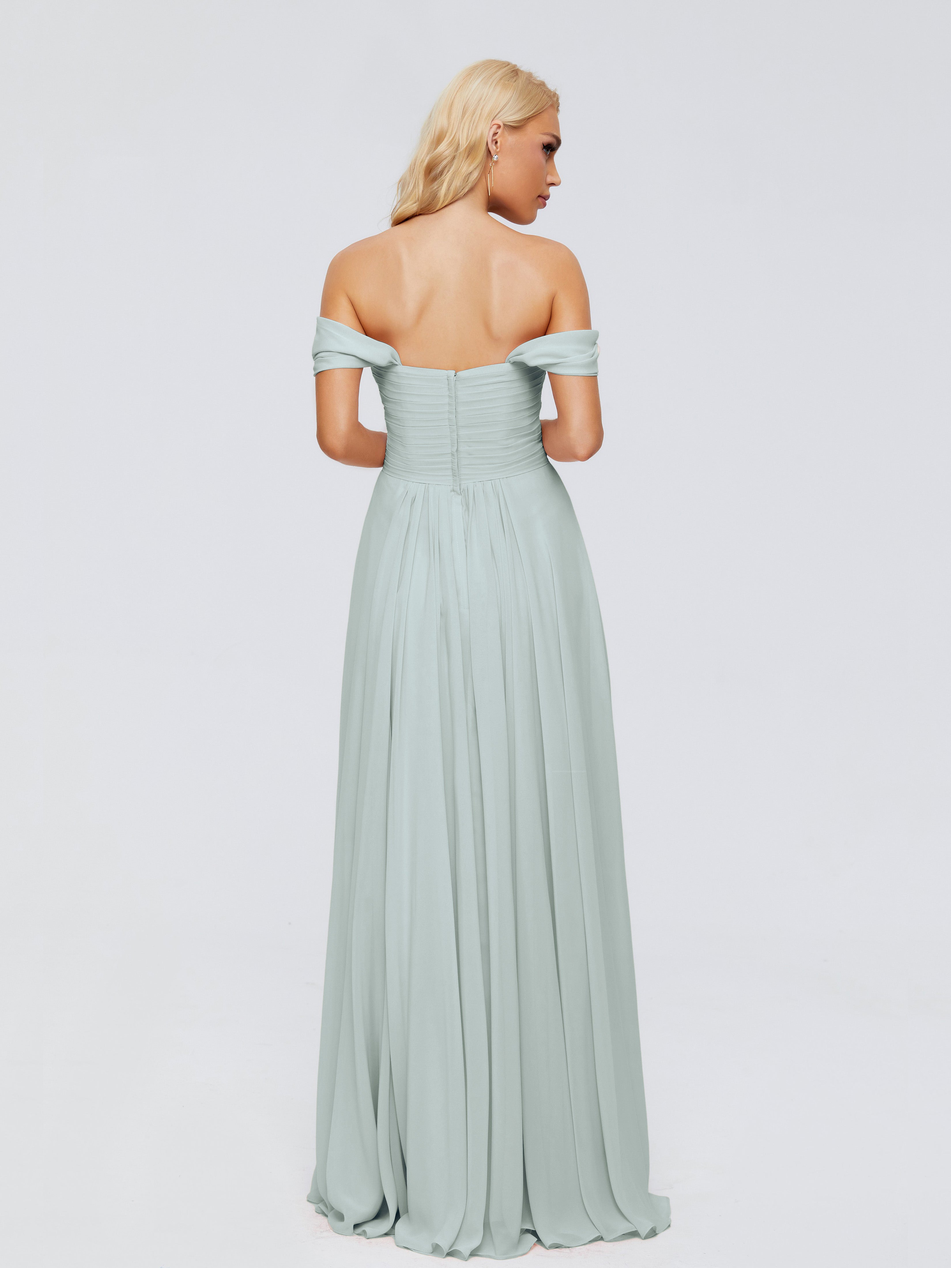 Robe Demoiselle D Honneur Celadon Trapèze Encolure Dégagée Mousseline Robes Demoiselle D'Honneur