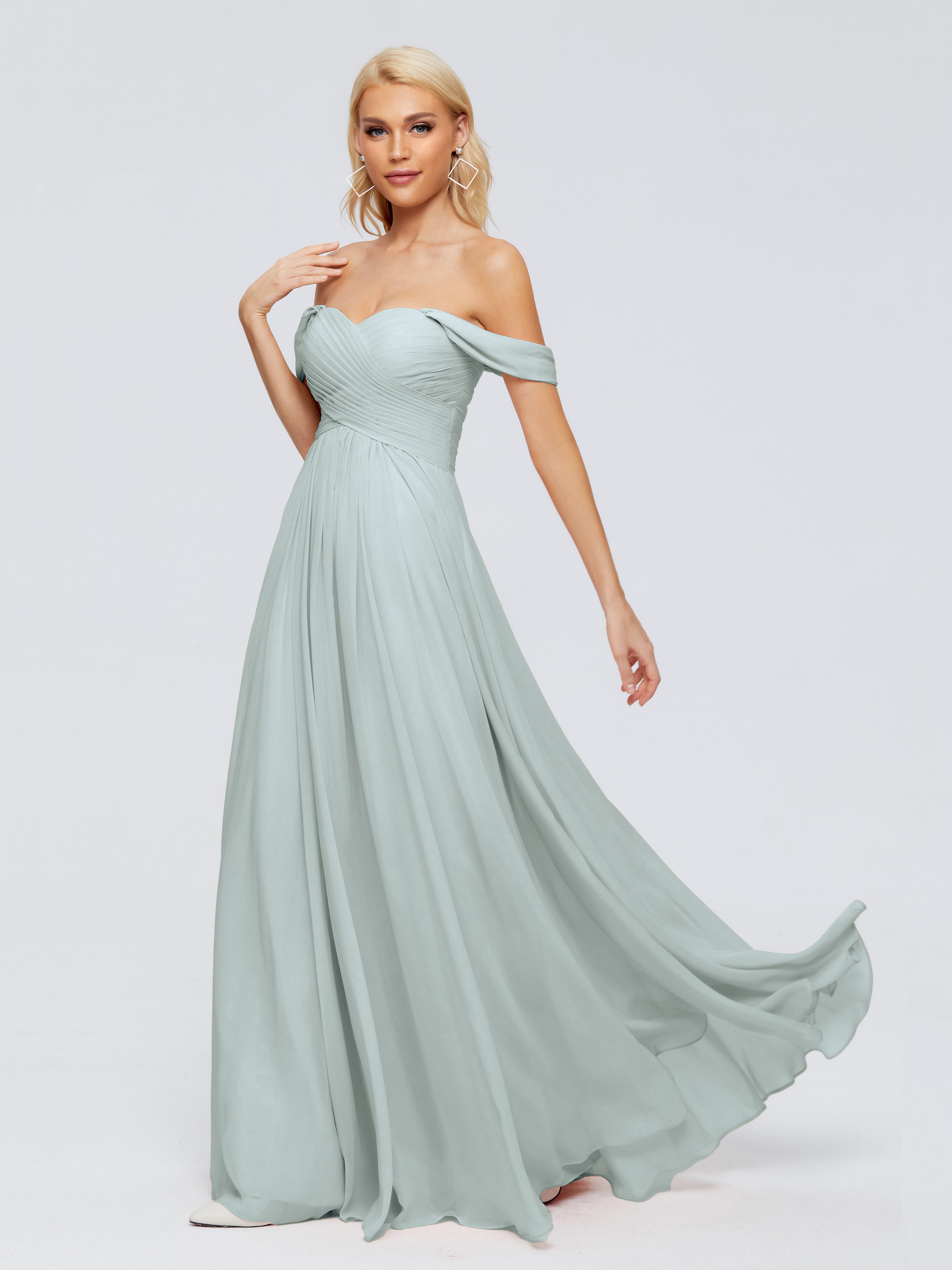 Robe Demoiselle D Honneur Celadon Trapèze Encolure Dégagée Mousseline Robes Demoiselle D'Honneur