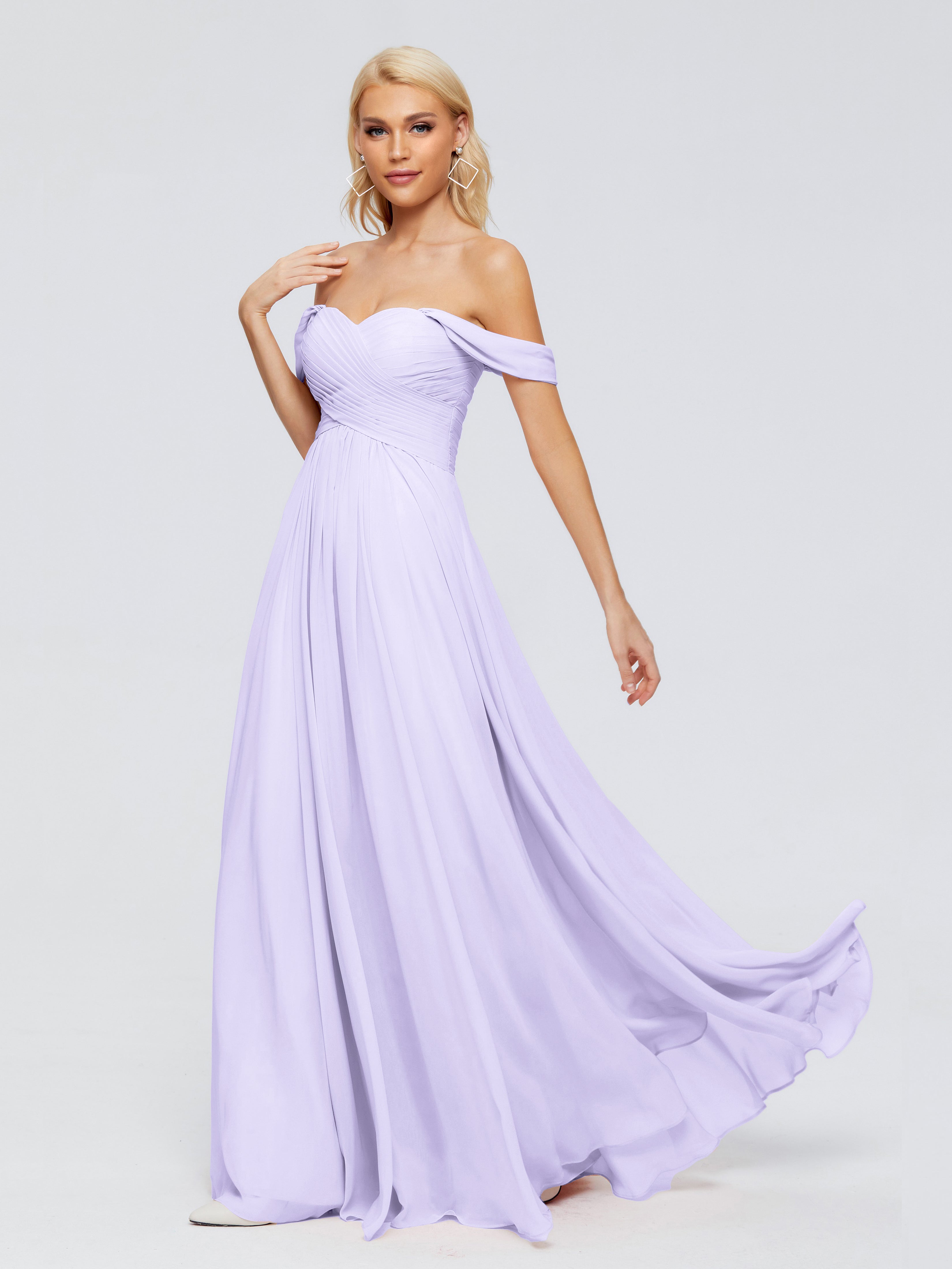 Robe Longue Lilas Demoiselle D Honneur Trapèze Encolure Dégagée Mousseline Robes Demoiselle D'Honneur