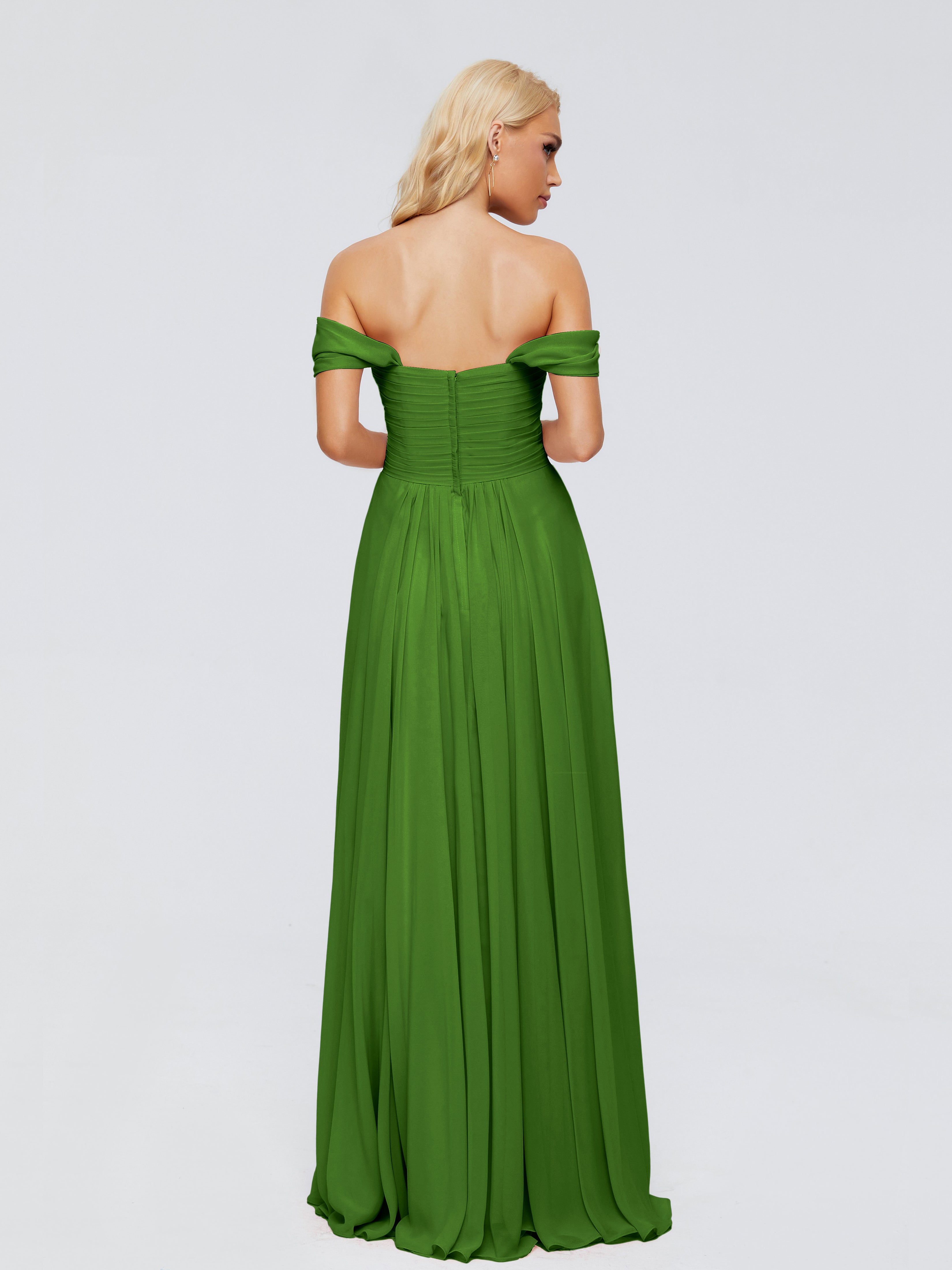 Robes De Demoiselle D'Honneur Vert Mousse Trapèze Encolure Dégagée Mousseline Robes Demoiselle D'Honneur