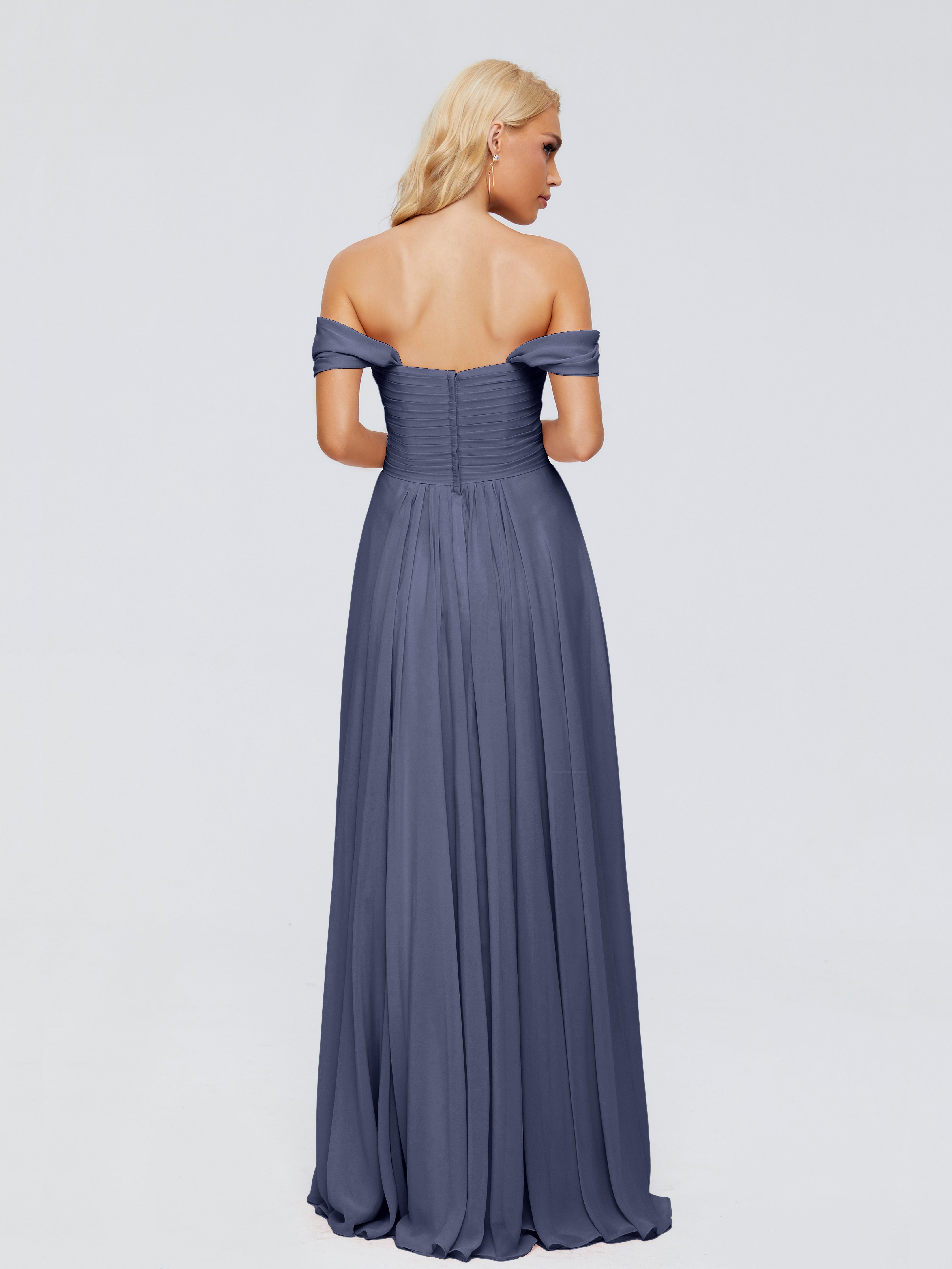 Robes De Demoiselle D'Honneur Bleu Orageux Trapèze Encolure Dégagée Mousseline Robes Demoiselle D'Honneur