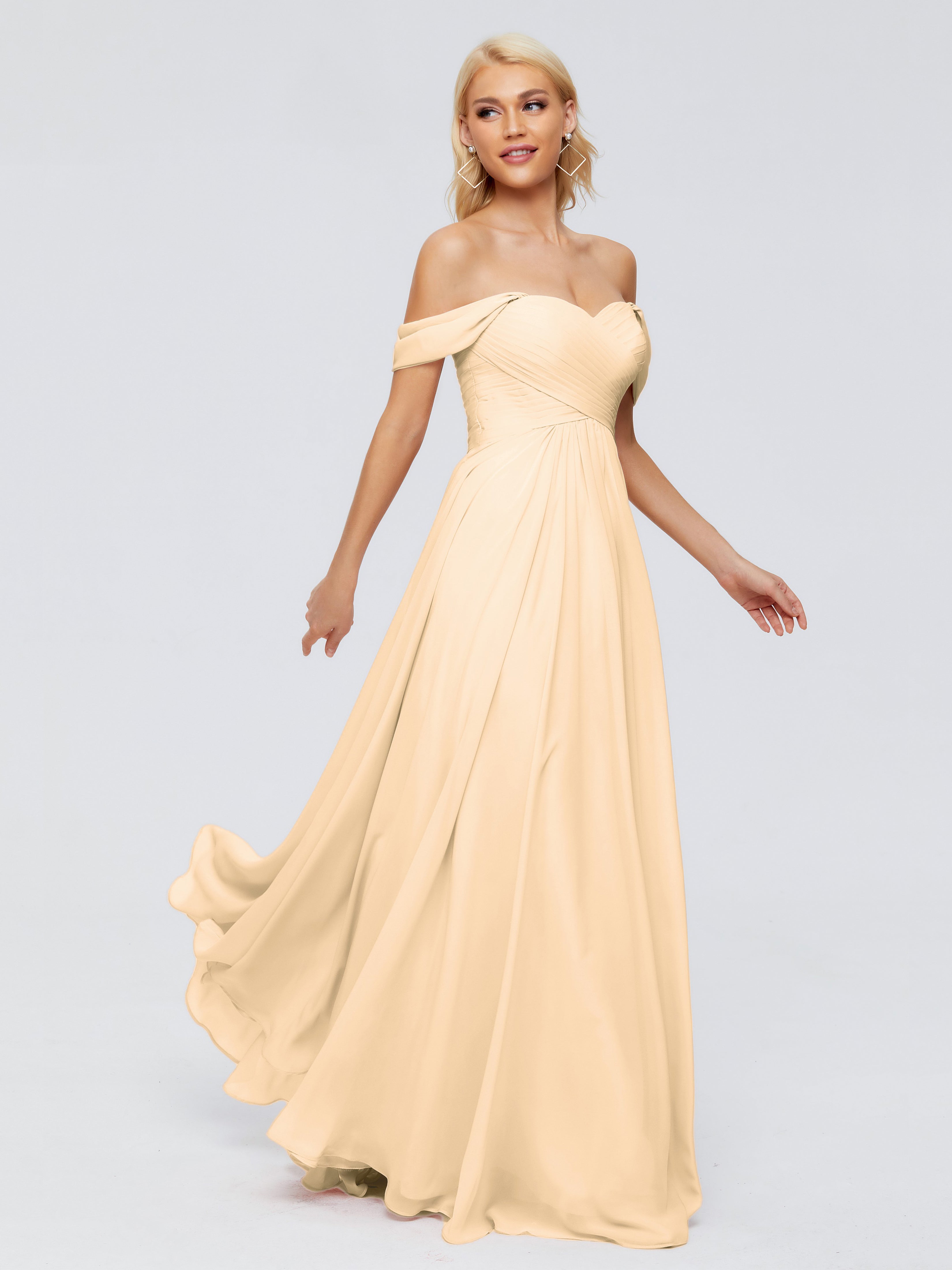 Robe Demoiselle D Honneur Pêche Trapèze Encolure Dégagée Mousseline Robes Demoiselle D'Honneur