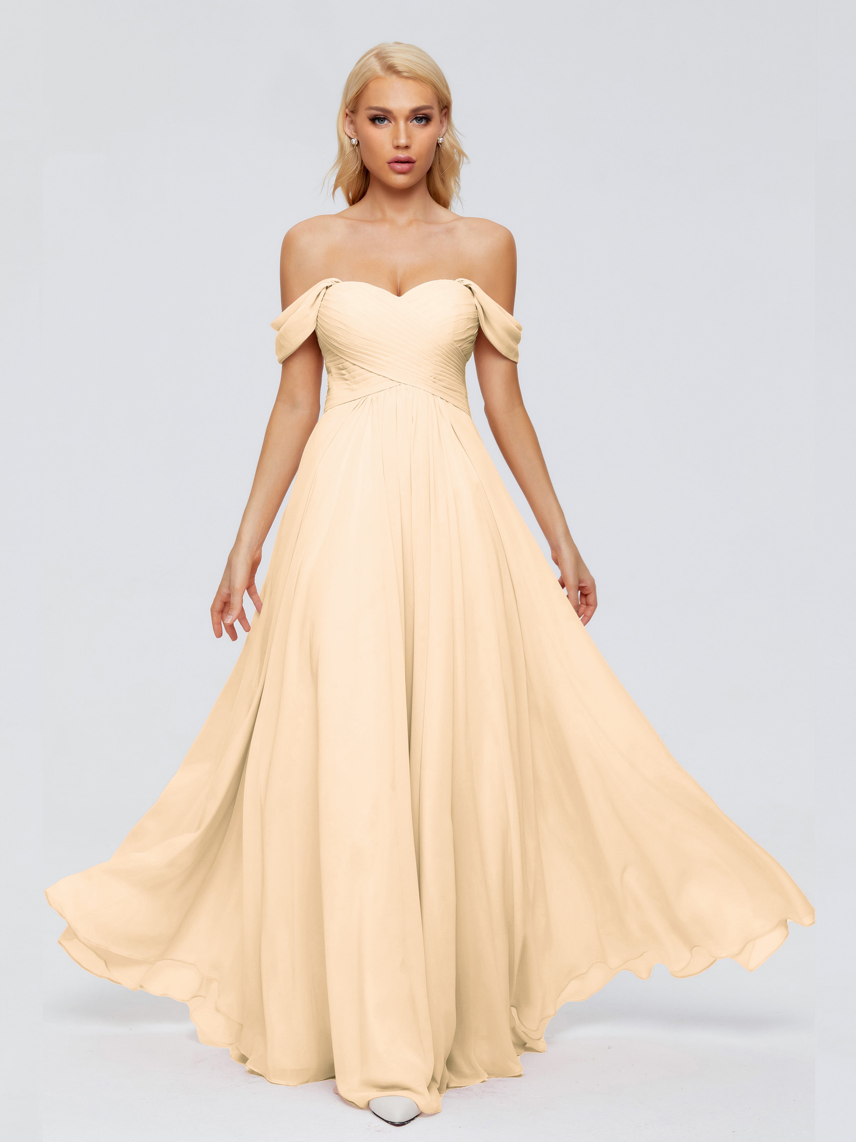 Robe Demoiselle D Honneur Pêche Trapèze Encolure Dégagée Mousseline Robes Demoiselle D'Honneur