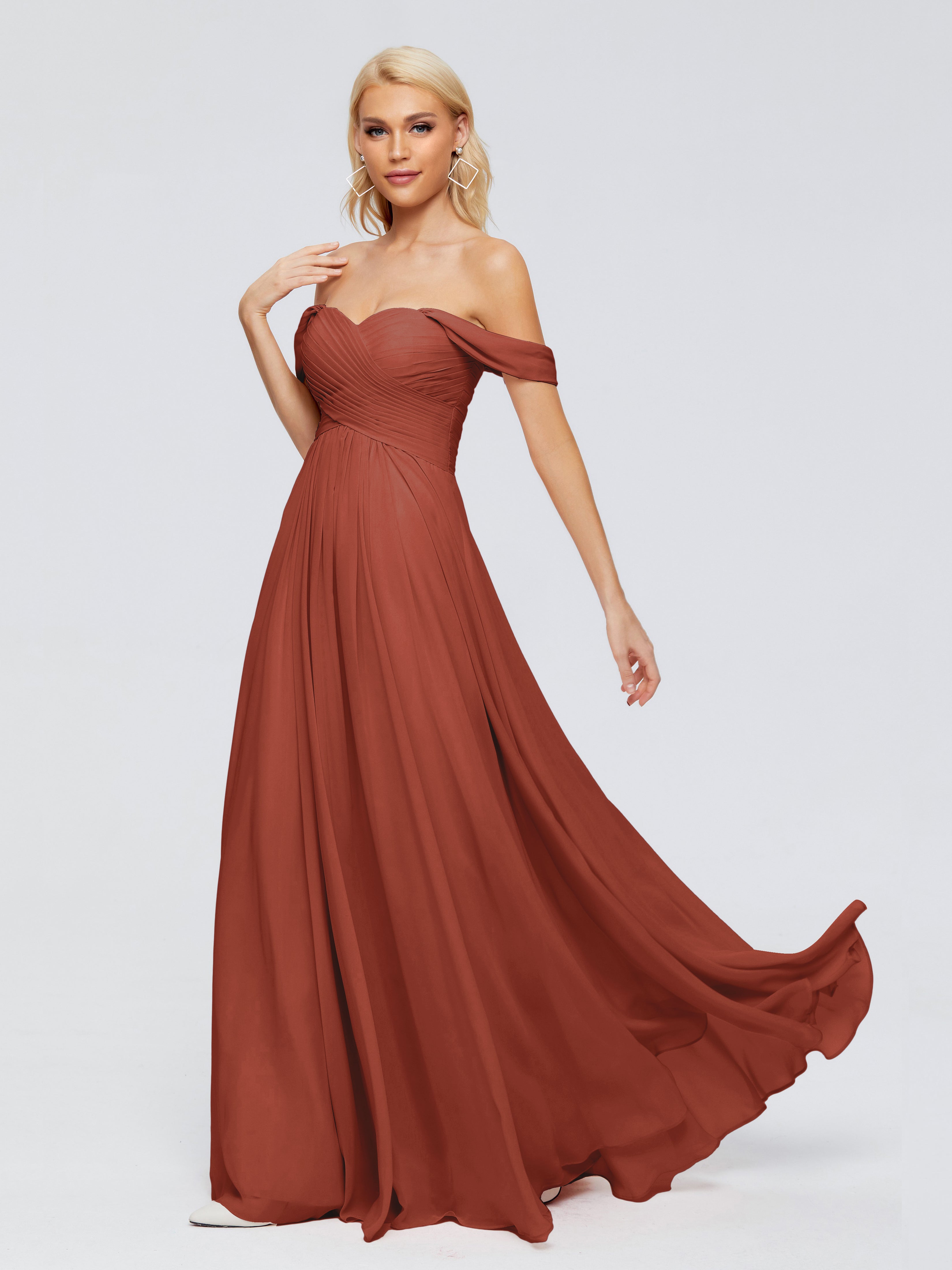 Robe De Demoiselle D'Honneur De Rouille Au Sol Trapèze Encolure Dégagée Mousseline Robes Demoiselle D'Honneur
