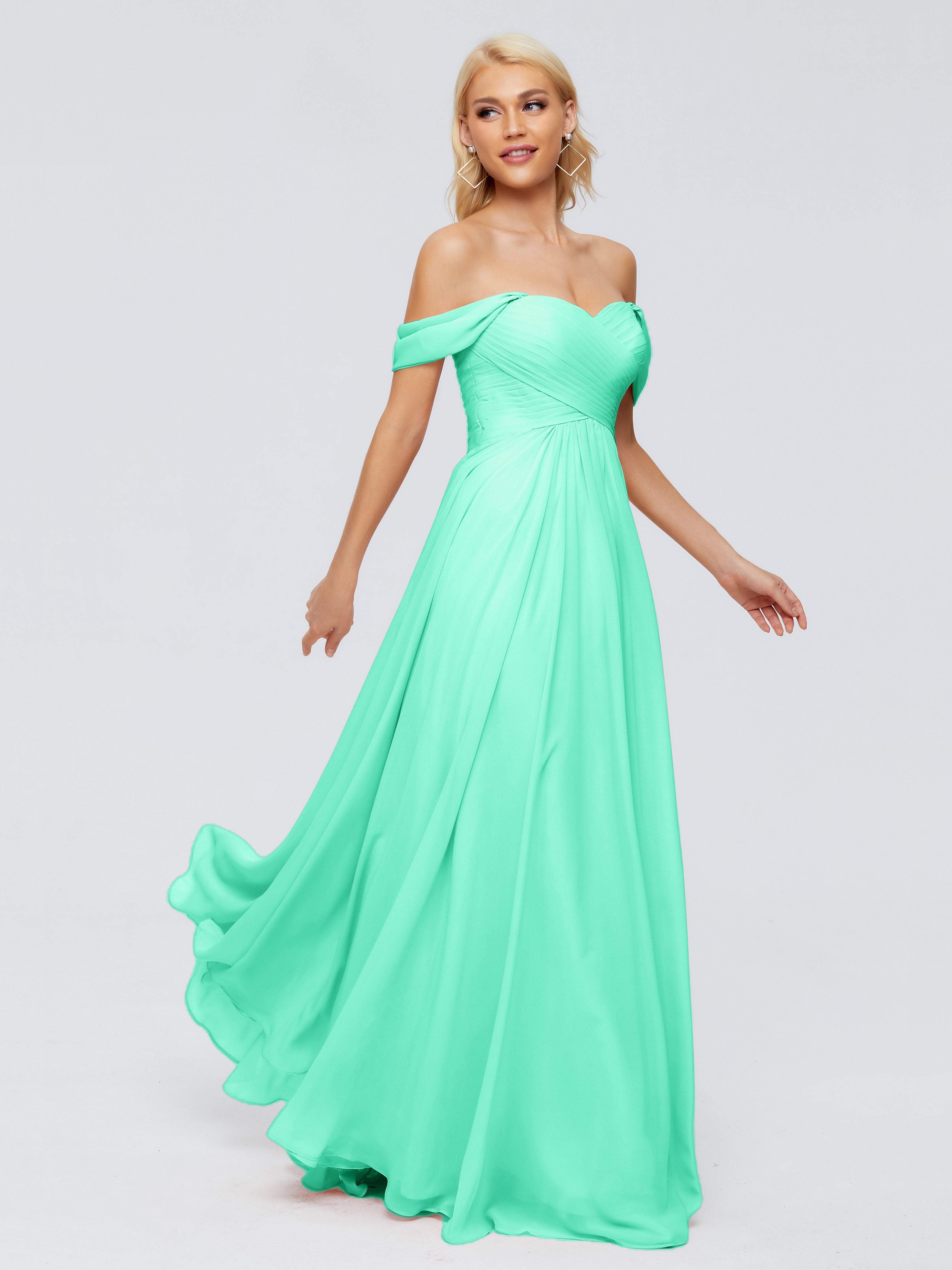 Robe Turquoise Demoiselle D Honneur Trapèze Encolure Dégagée Mousseline Robes Demoiselle D'Honneur