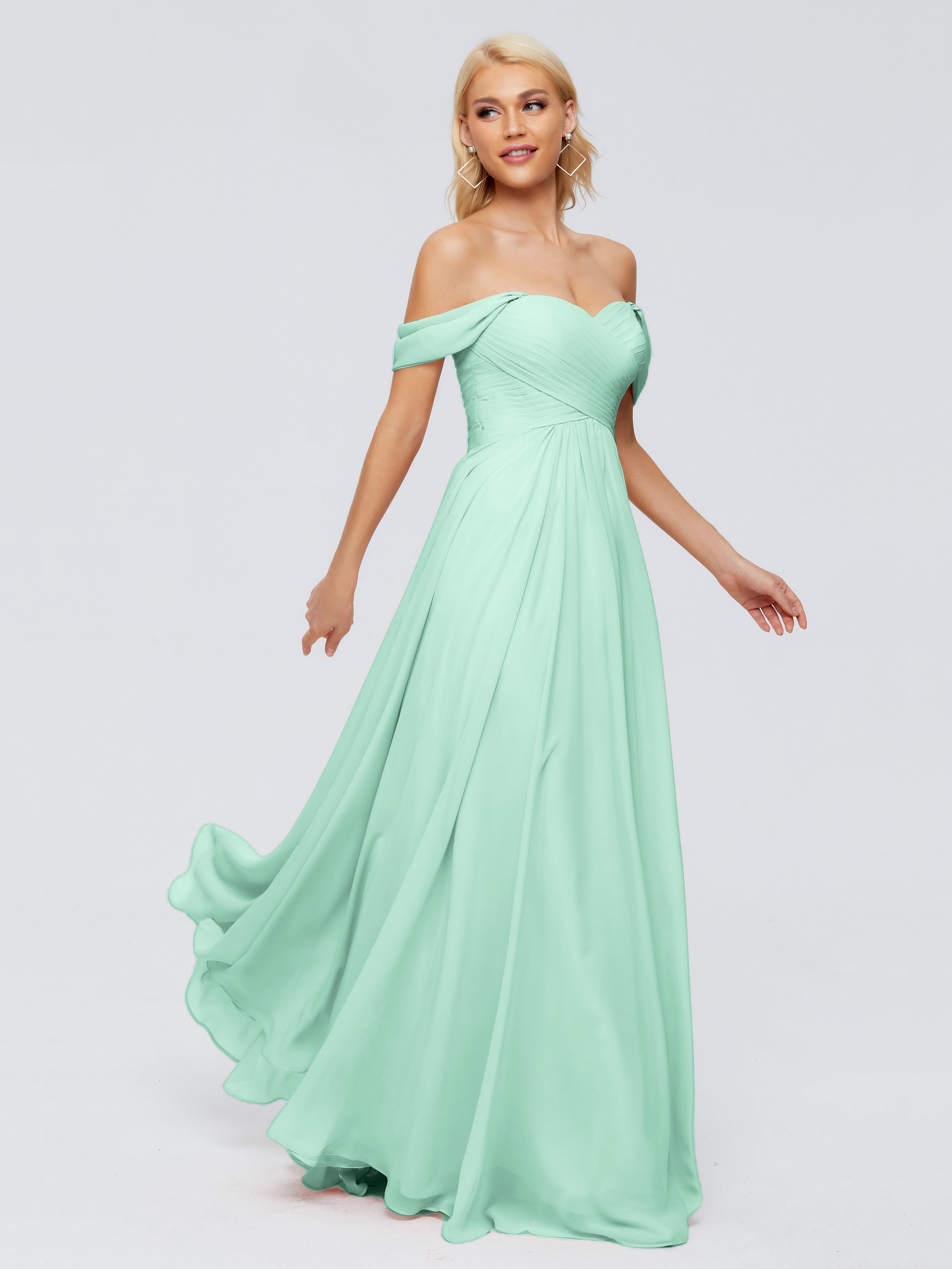 Robe Demoiselle D Honneur Vert Menthe Trapèze Encolure Dégagée Mousseline Robes Demoiselle D'Honneur