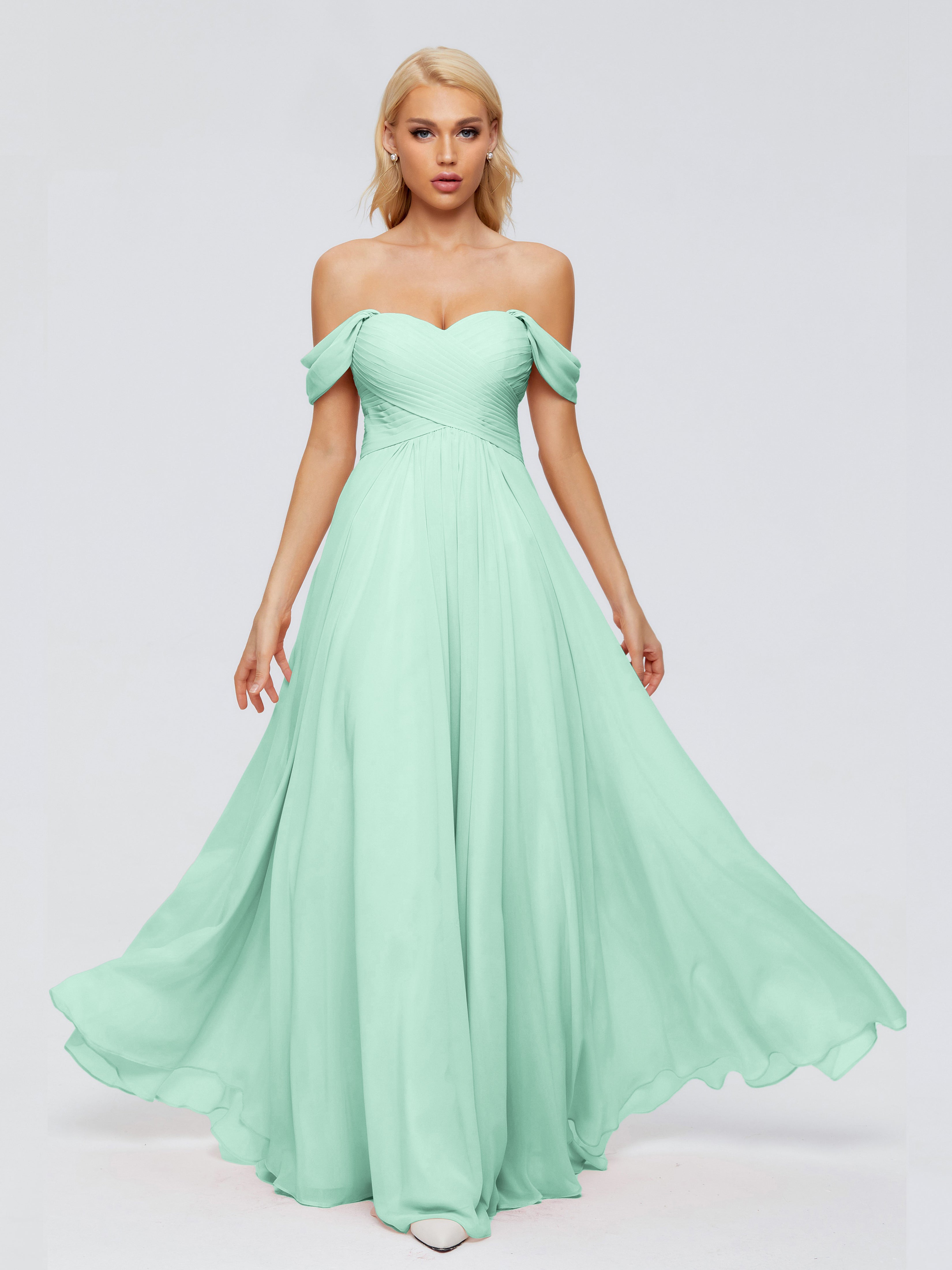 Robe Demoiselle D Honneur Vert Menthe Trapèze Encolure Dégagée Mousseline Robes Demoiselle D'Honneur