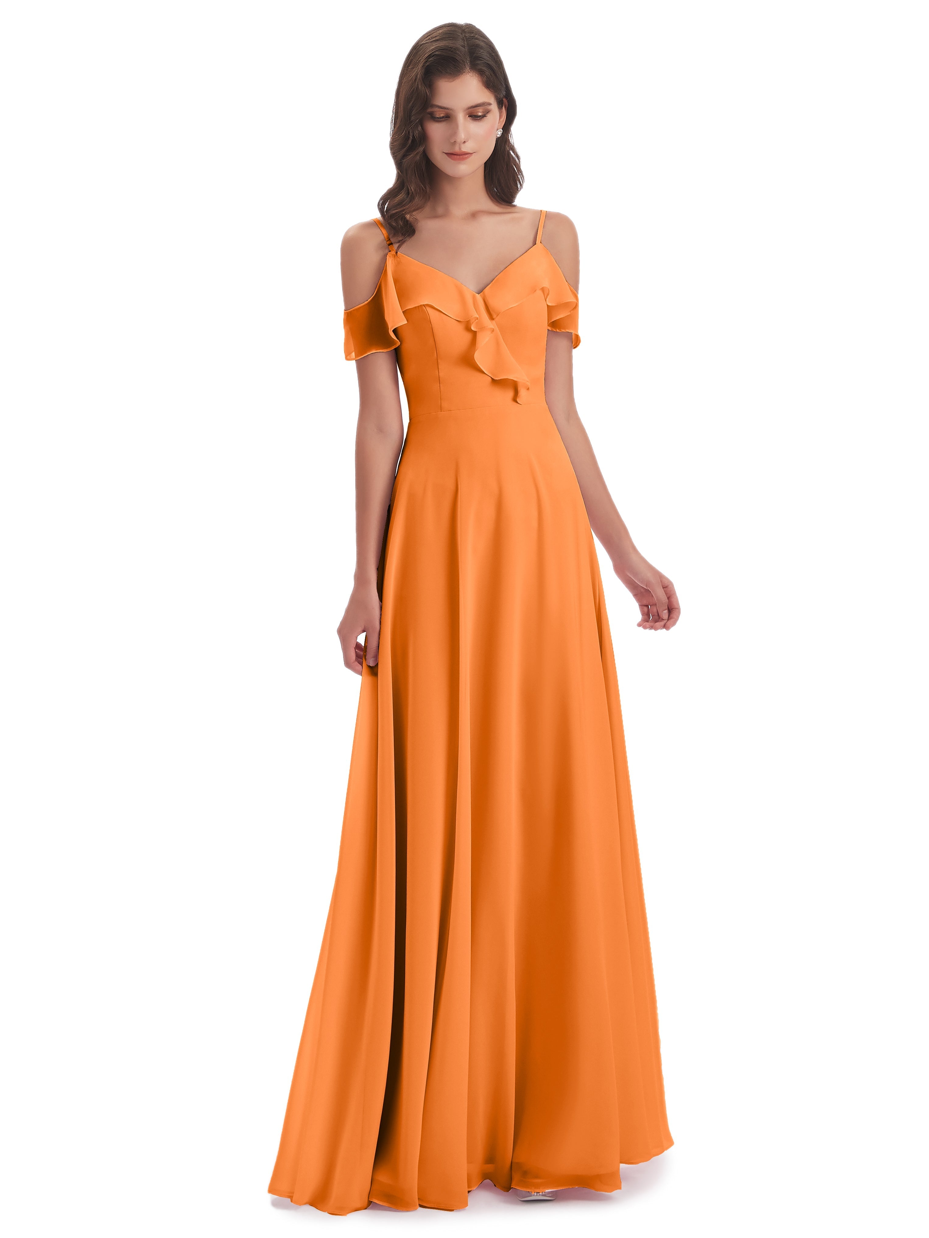 Robe Mousseline Orange Fourreau/Colonne Hors-La-Épaule Longue Robes Demoiselle D'Honneur