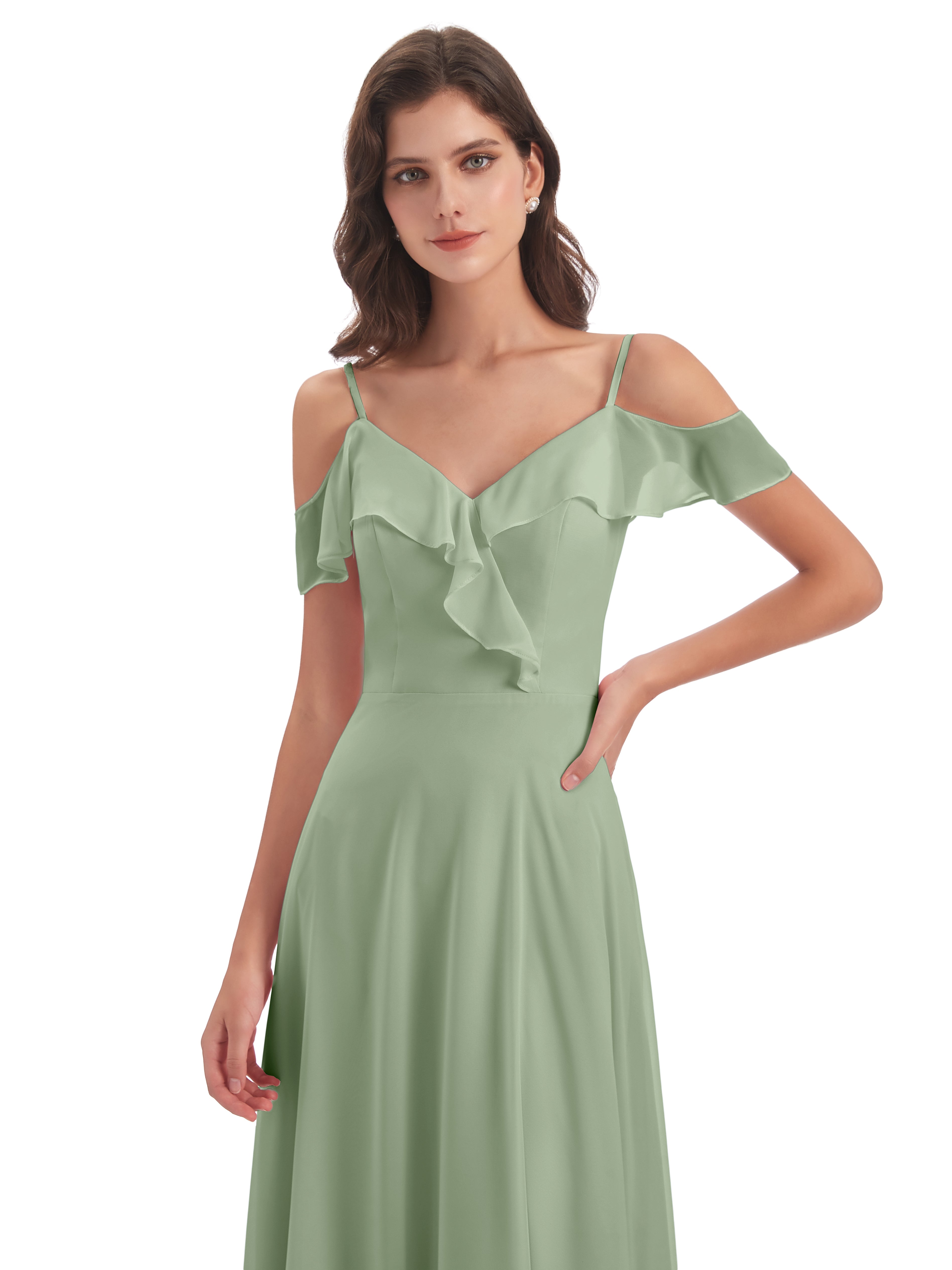 Robes De Demoiselle D'Honneur Vert Sauge Poussiéreux Fourreau/Colonne Hors-La-Épaule Longue Robes Demoiselle D'Honneur