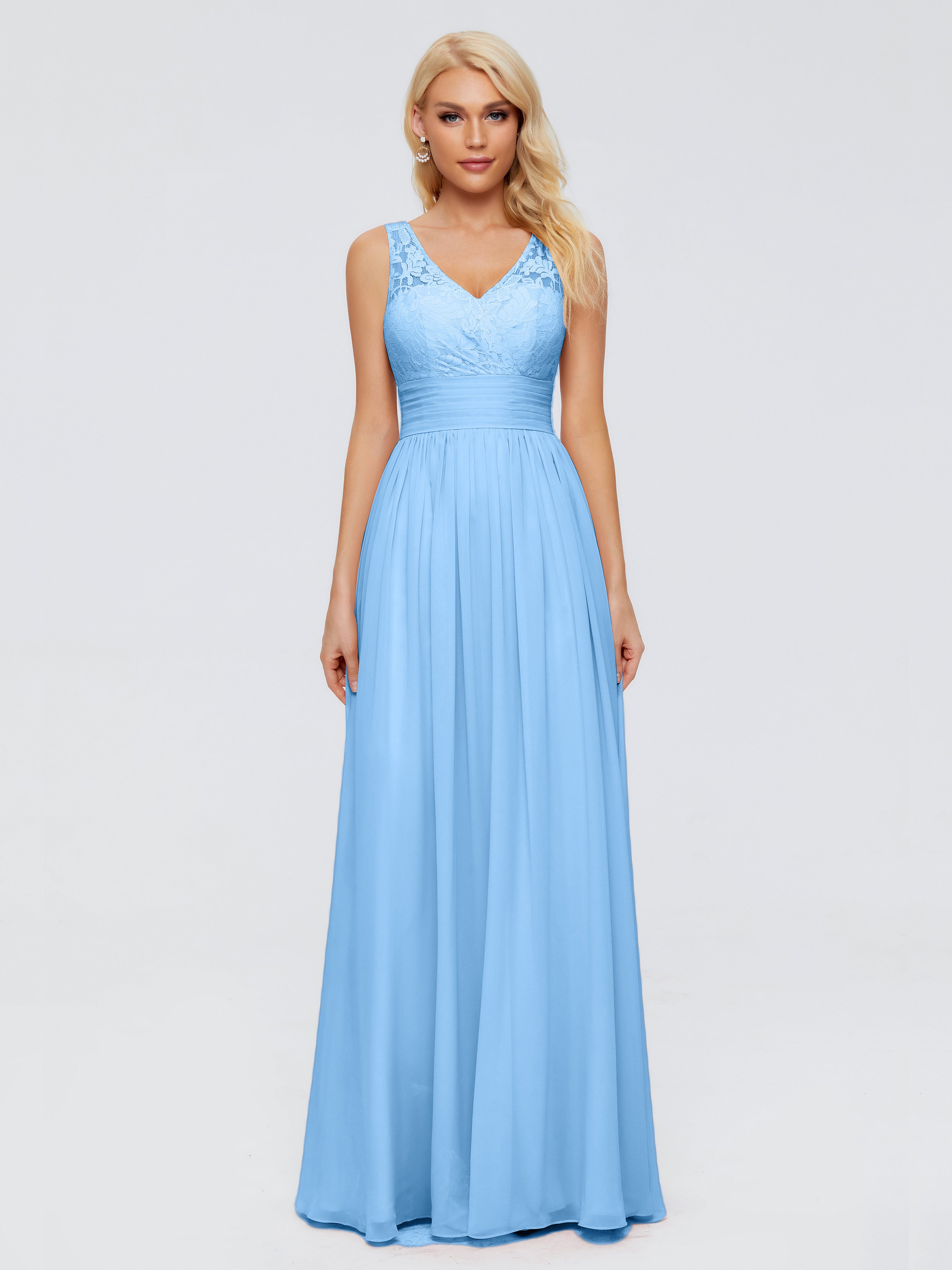 Demoiselle D Honneur Bleu Trapèze Col V Bretelle Mousseline Robes Demoiselle D'Honneur