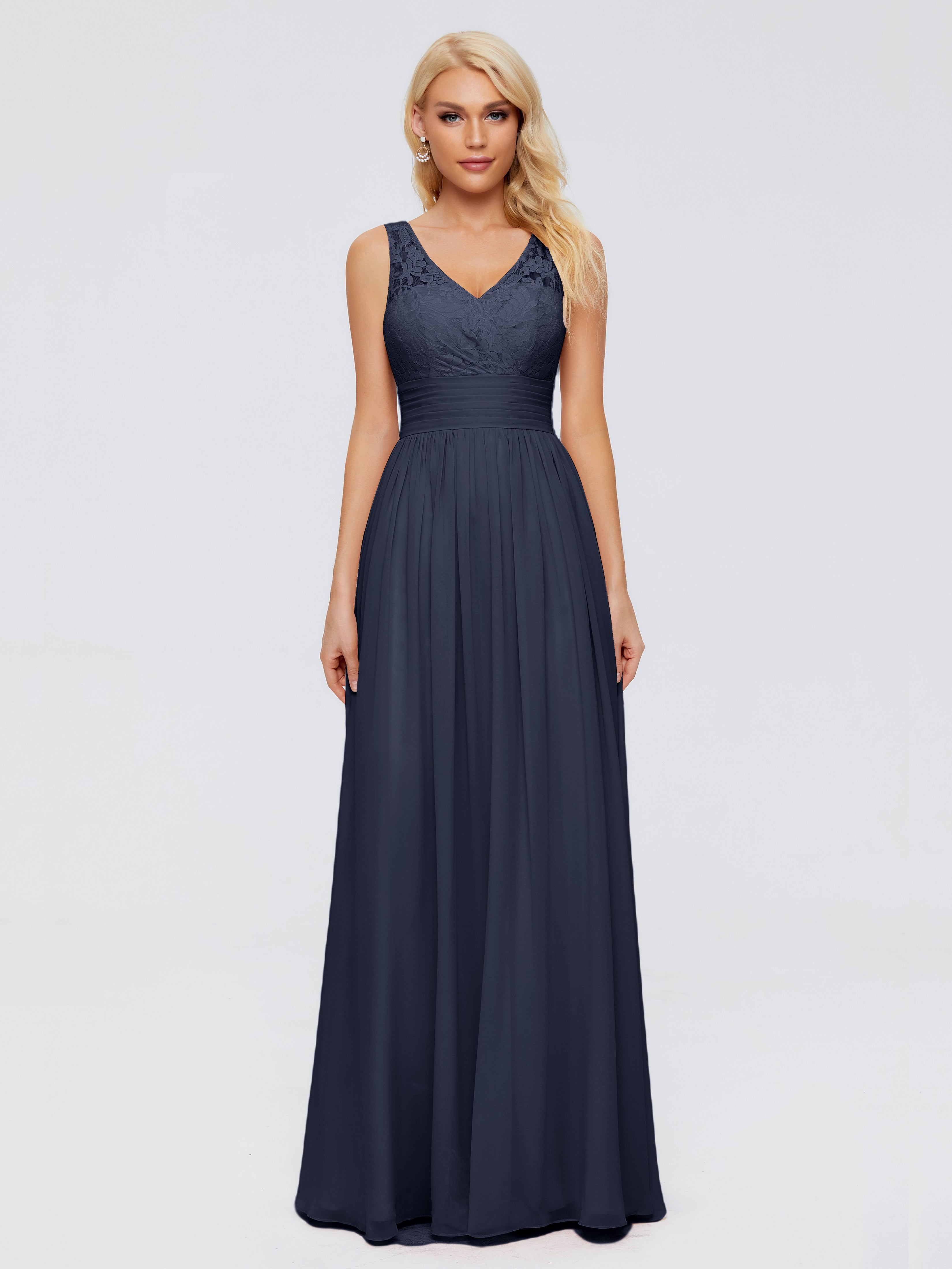 Robe Demoiselle D Honneur Bleu Marine Trapèze Col V Bretelle Mousseline Robes Demoiselle D'Honneur