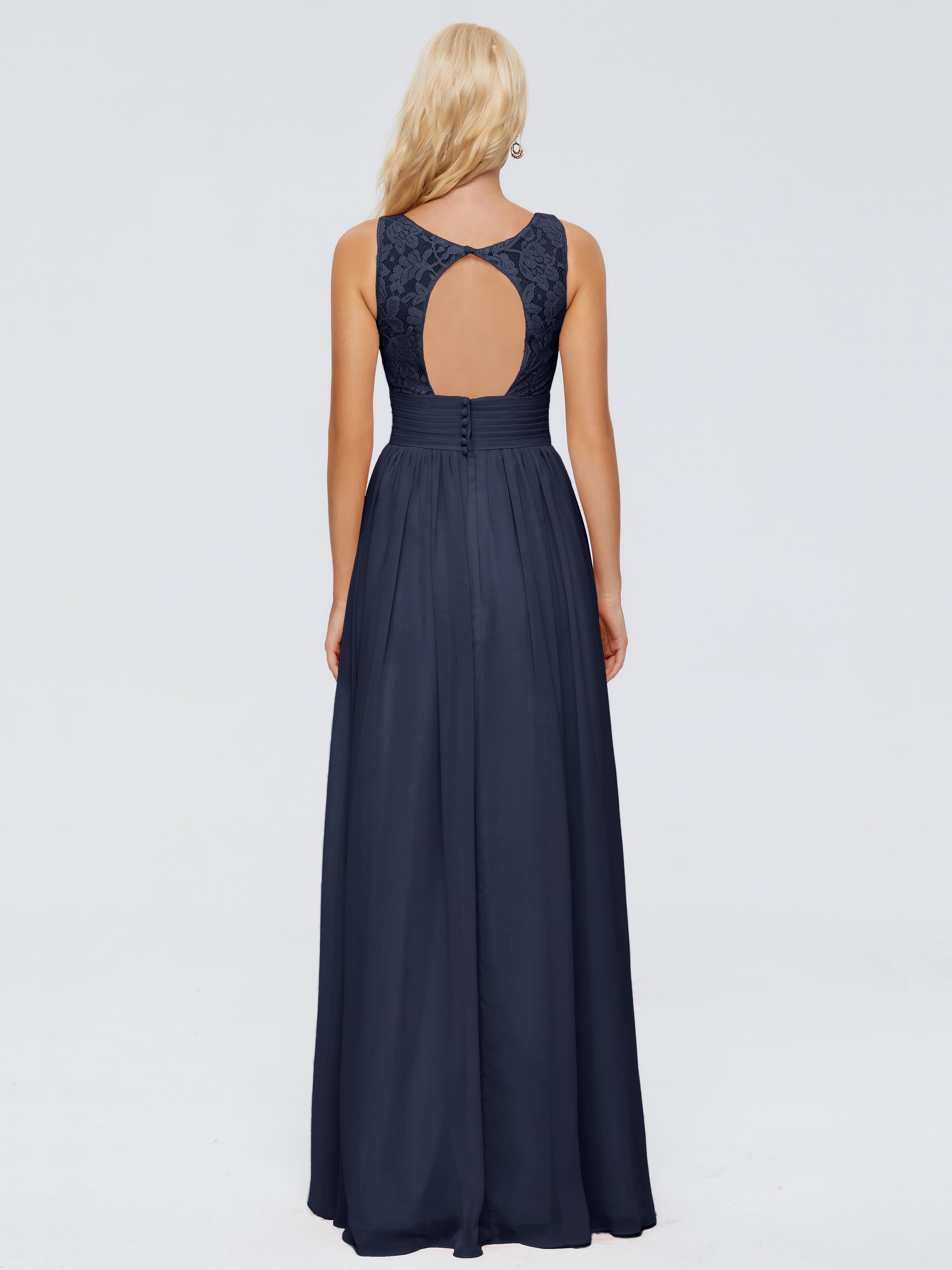 Robe Demoiselle D Honneur Bleu Marine Trapèze Col V Bretelle Mousseline Robes Demoiselle D'Honneur